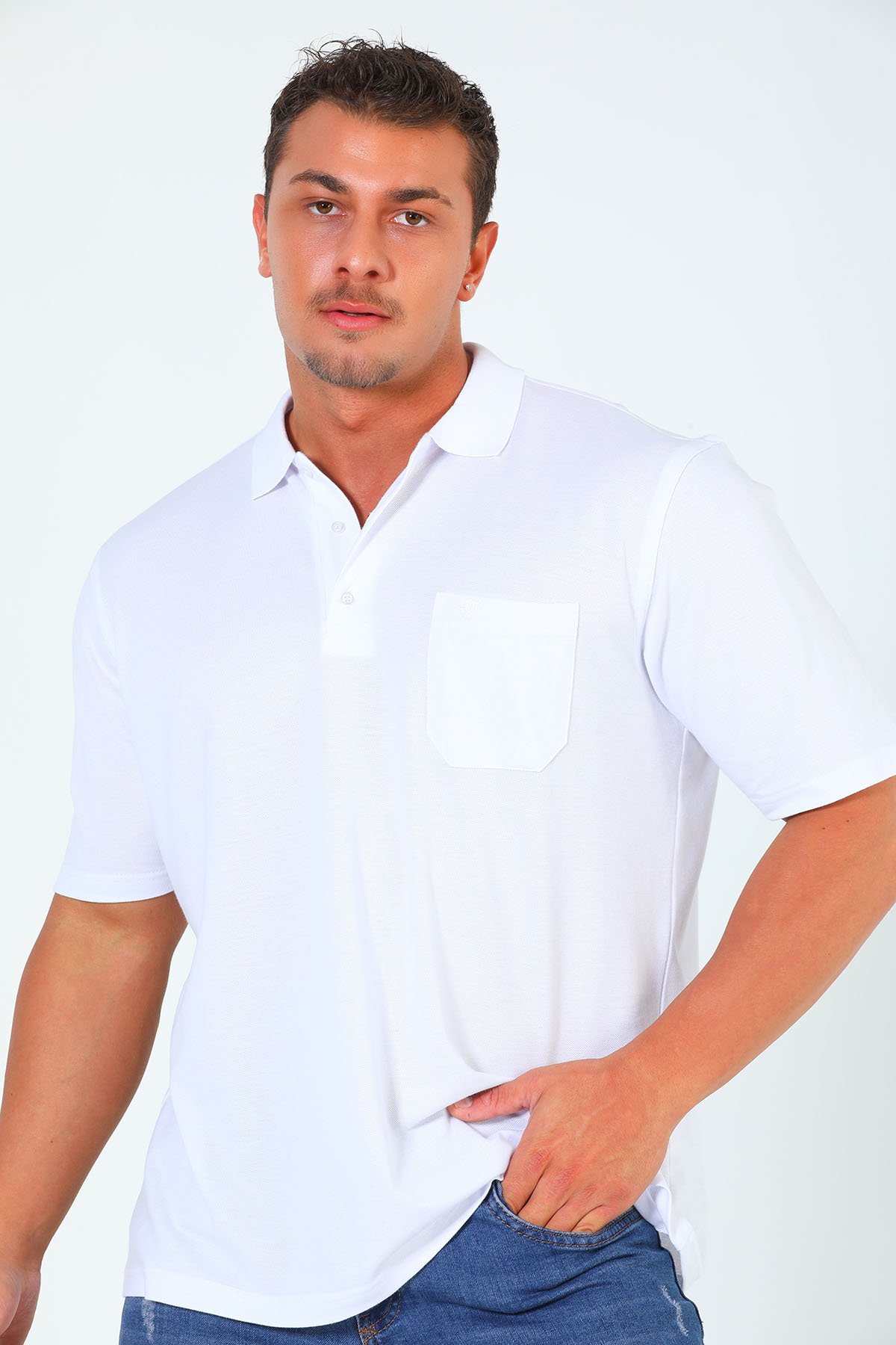 Erkek Büyük Beden Polo Yaka T-shirt Beyaz 501188 - tozlu.com