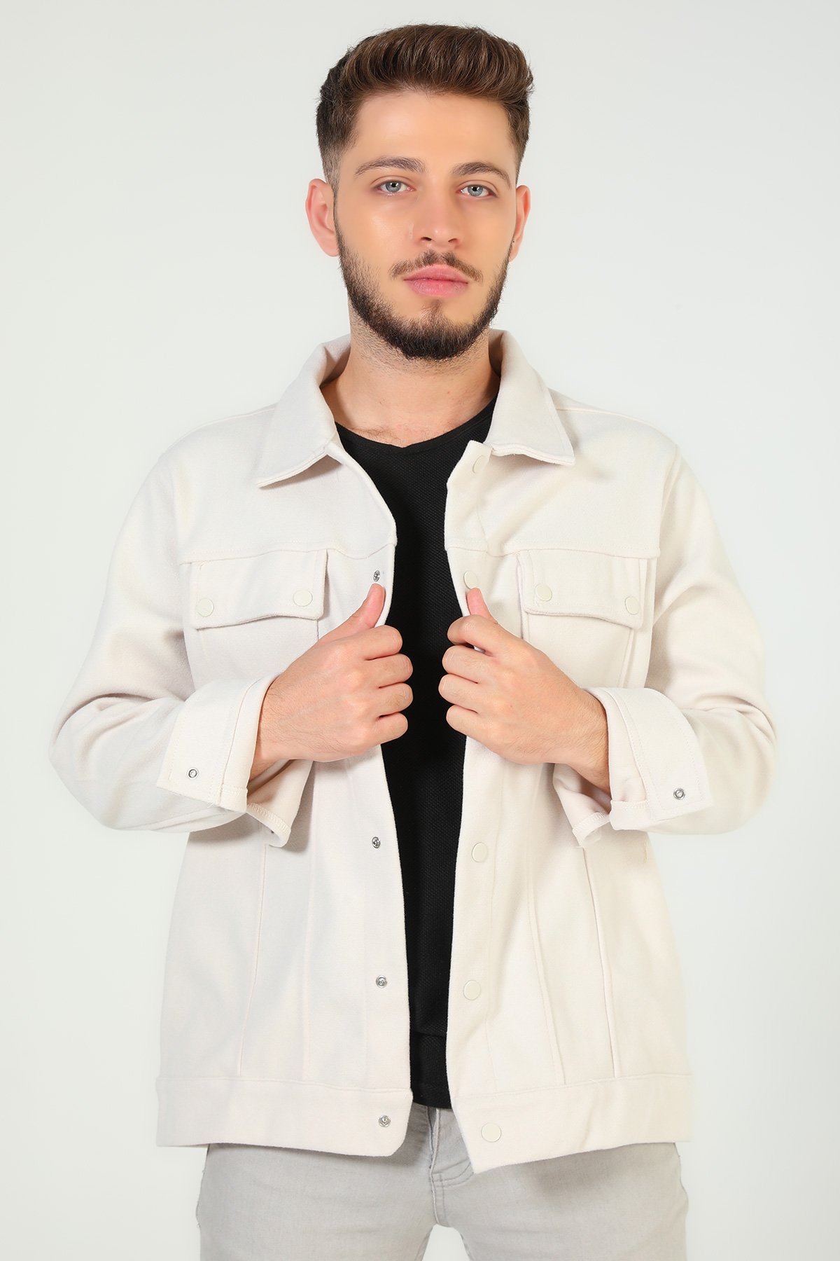 Bej Erkek Çift Cepli Çıtçıtlı Kaşe Gömlek Ceket