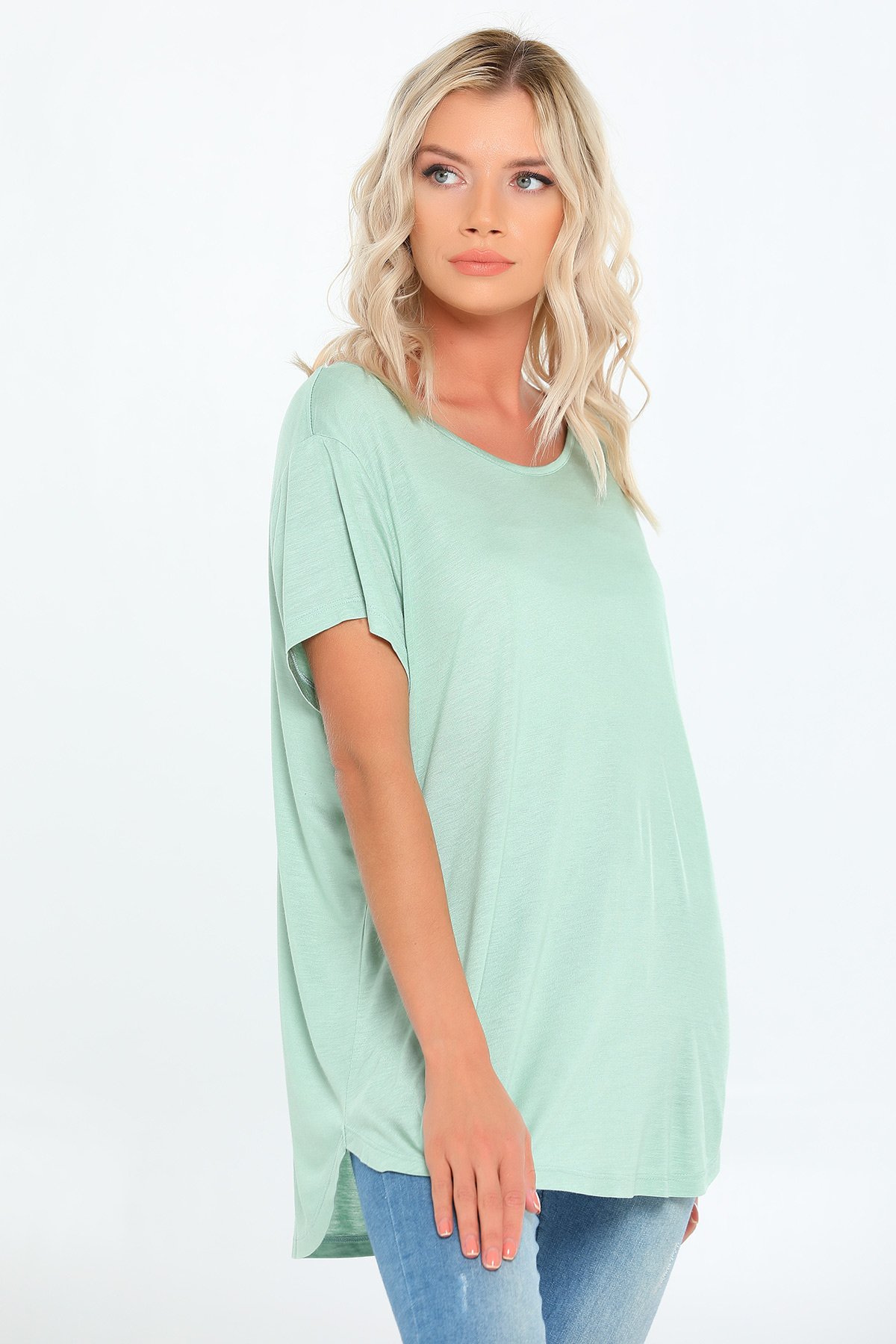 Mint Geniş Yaka Kısa Kollu Oversize Kadın T-shirt 440730- tozlu.com