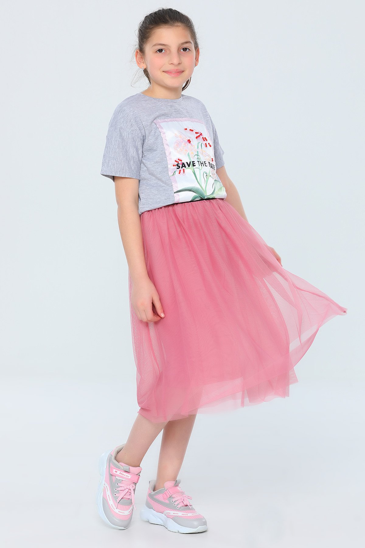 Gri Kız Çocuk Likralı T-shirt Tül Etek İkili Takım 474310- tozlu.com