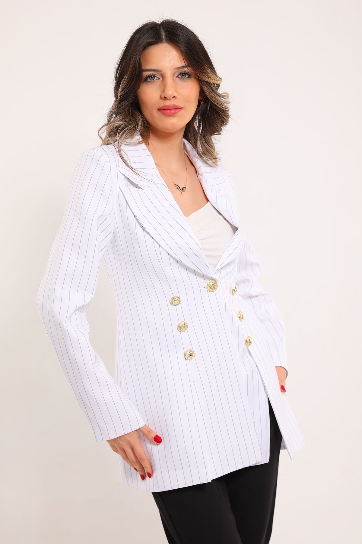 Kadın Astarlı Çizgili Blazer Ceket Beyaz 497621 - tozlu.com