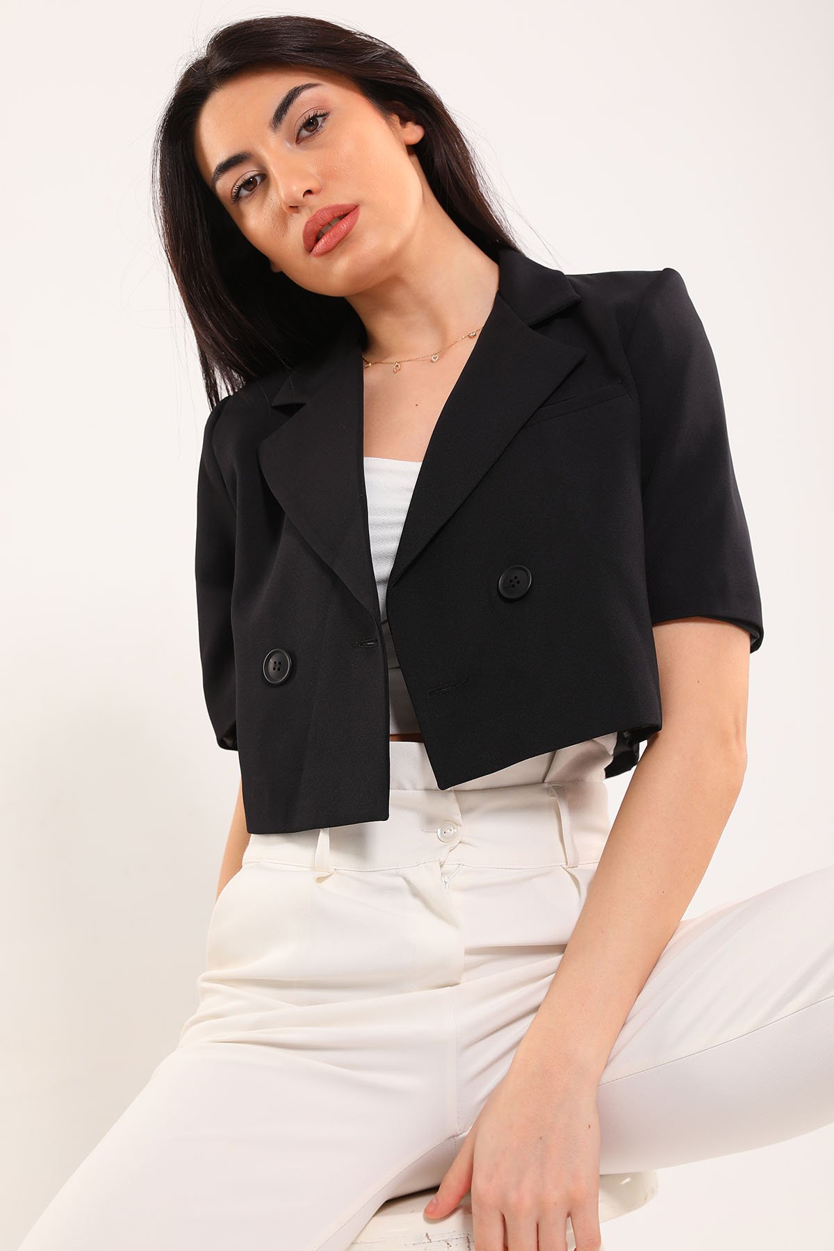 Kadın Astarlı Kısa Kollu Crop Blazer Ceket Siyah 493804 - tozlu.com
