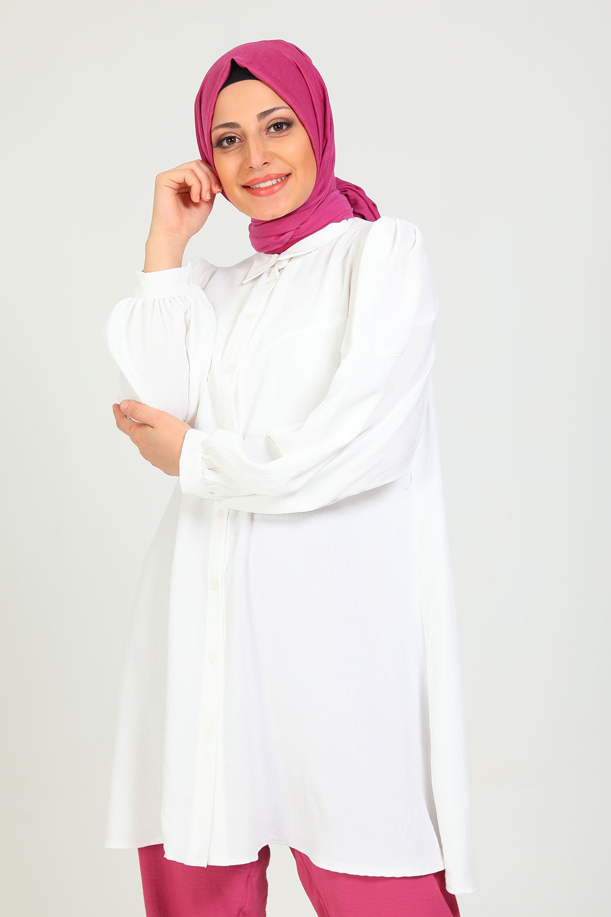 Beyaz Kadın Balon Kol Klasik Tunik Gömlek 486089 - tozlu.com
