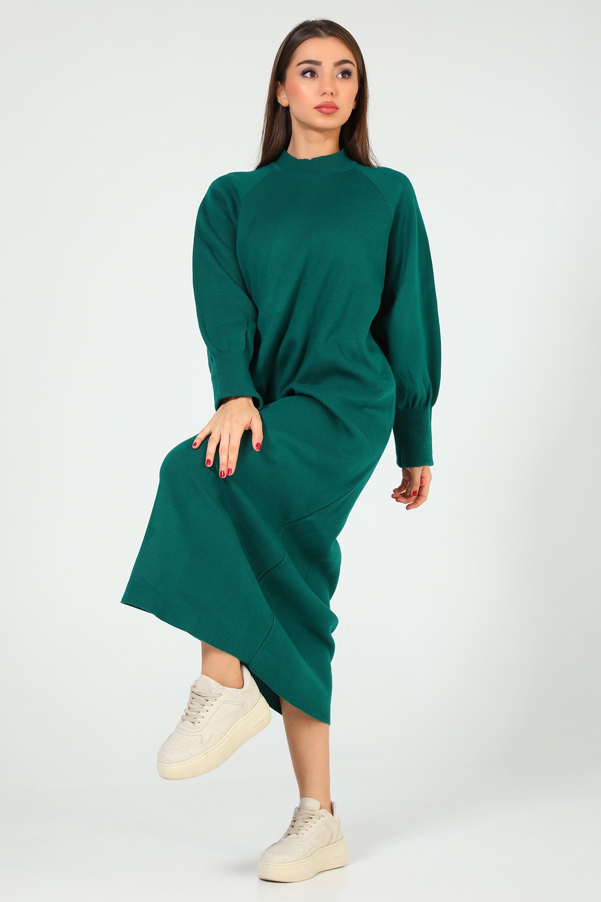 Yeşil Kadın Balon Kol Triko Elbise