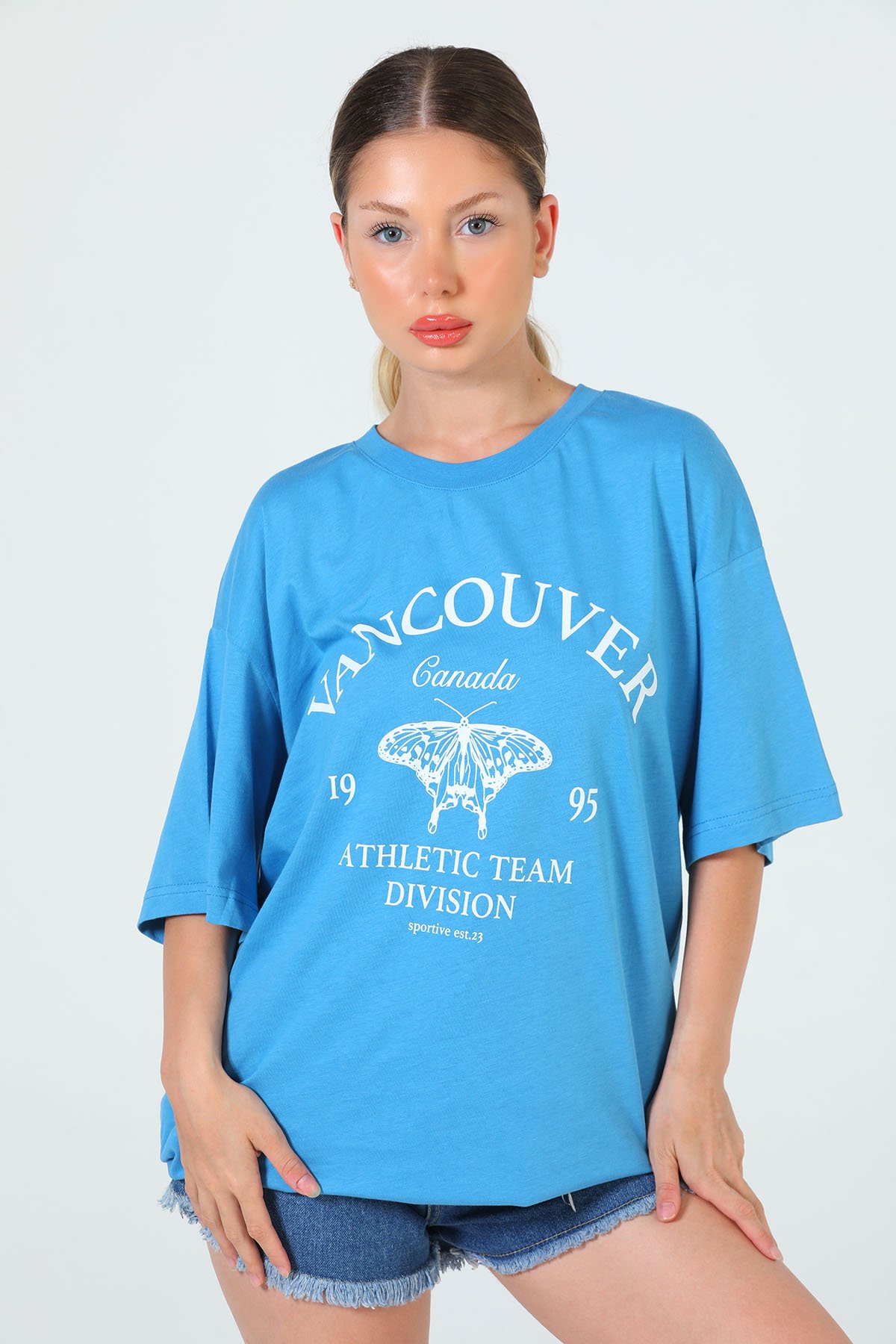 Kadın Baskılı Oversize T-shirt İndigo 497898 - tozlu.com