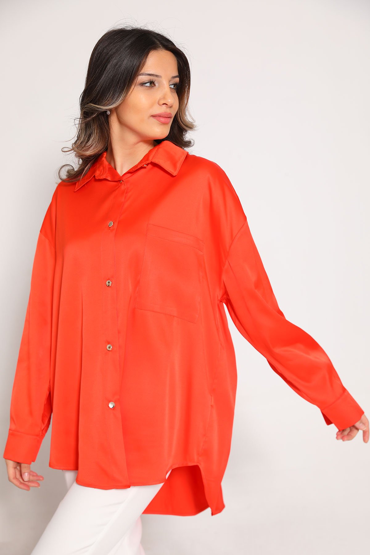 Kadın Cep Detaylı Saten Gömlek Orange 498936 - tozlu.com