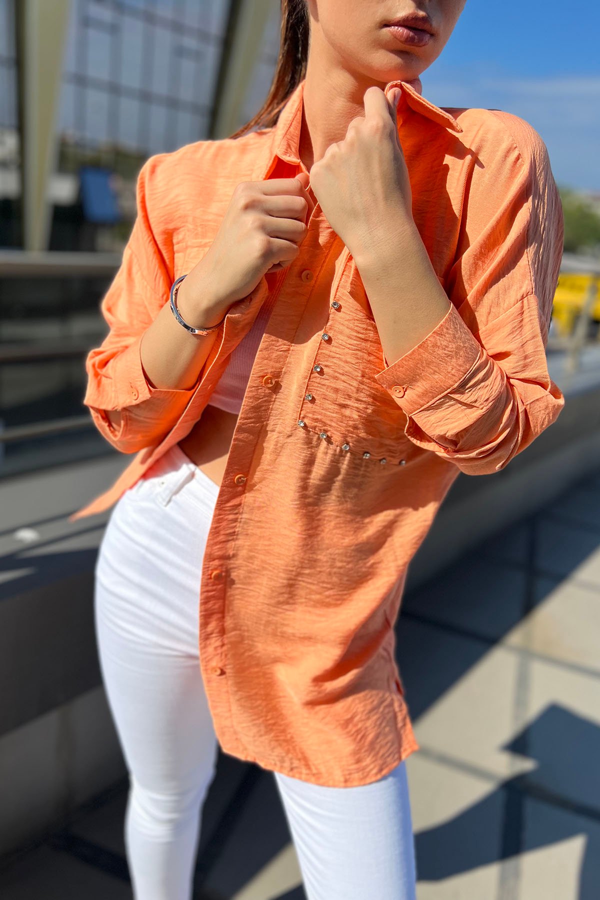 Açık orange Kadın Cepleri Taşlı Salaş Gömlek
