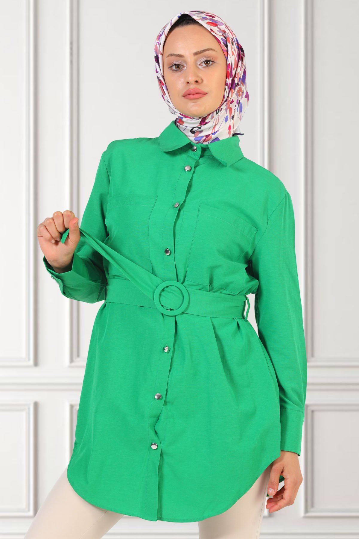 Kadın Çift Cepli Kemerli Gömlek Tunik Yeşil 494924 - tozlu.com