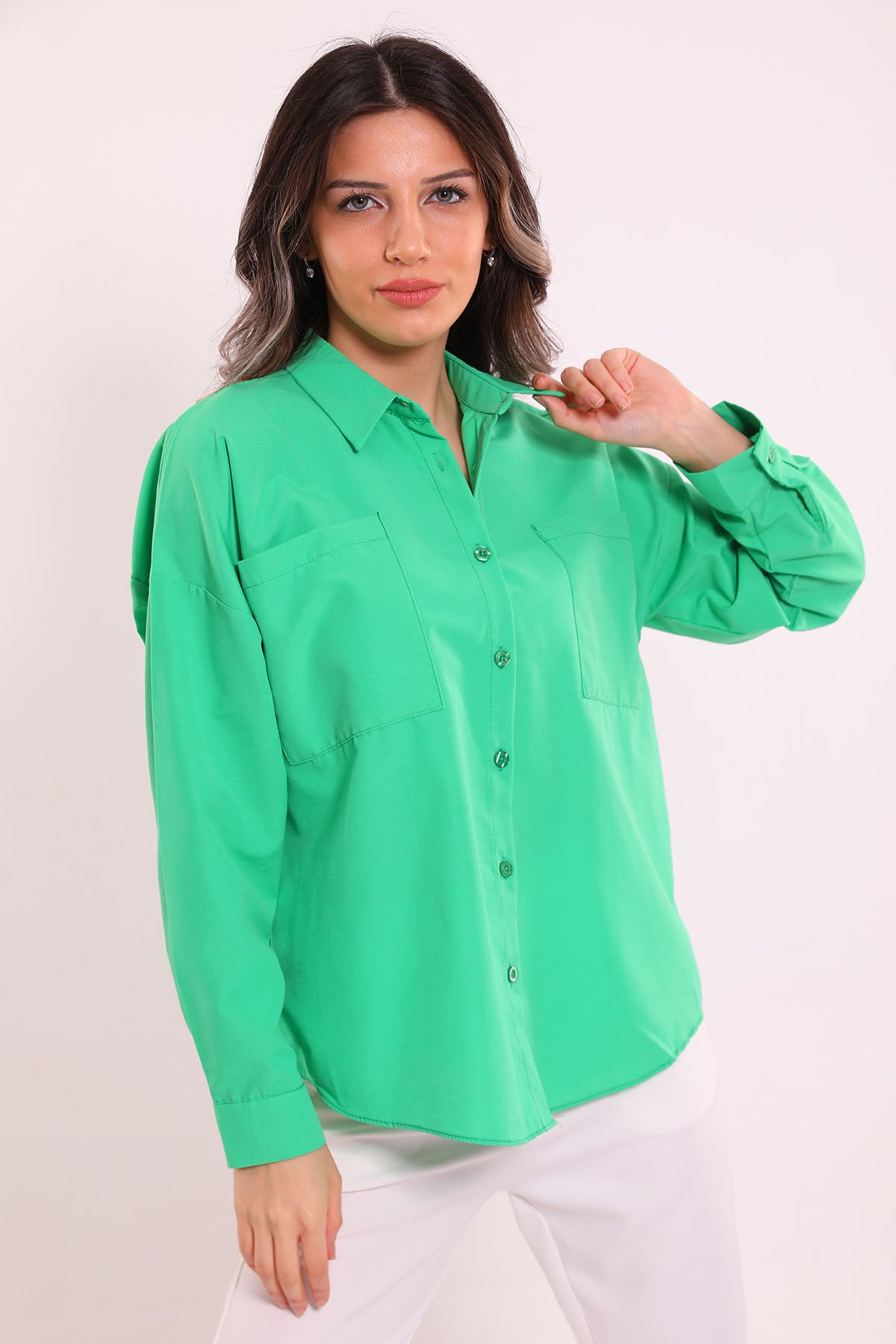 Kadın Çift Cepli Salaş Gömlek Yeşil 498147 - tozlu.com