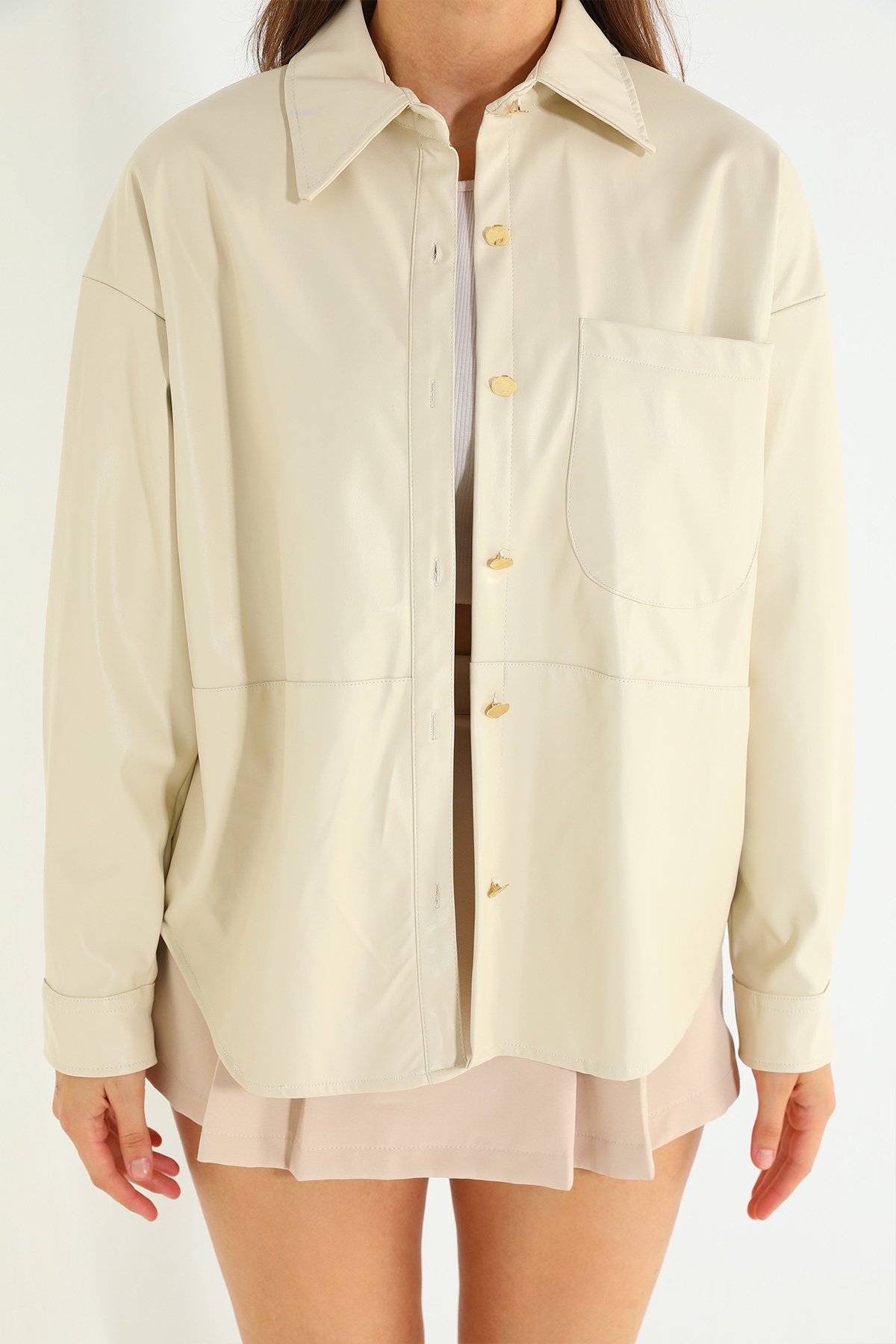 Krem Kadın Deri Gömlek Ceket