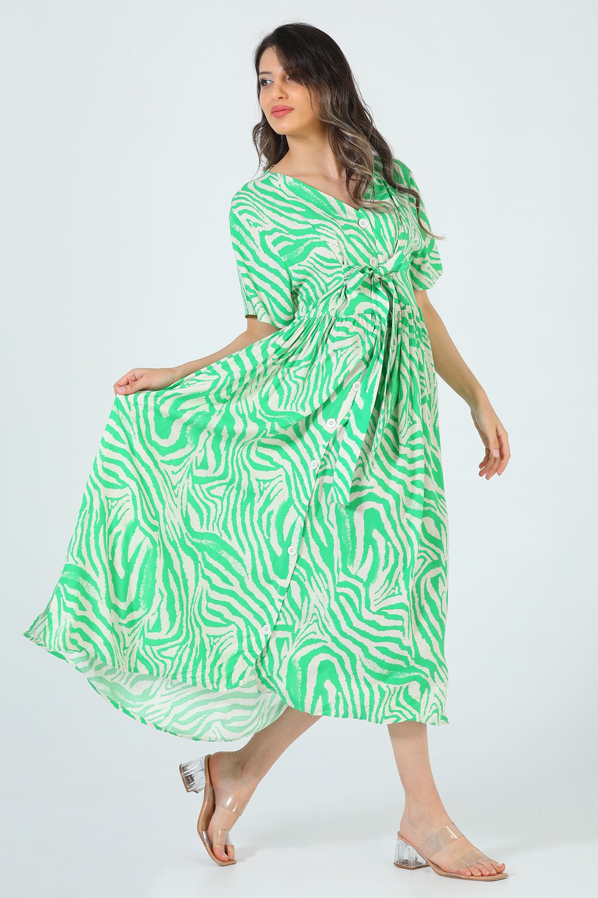 Kadın Desenli Kısa Kollu Elbise Yeşil 501867 - tozlu.com