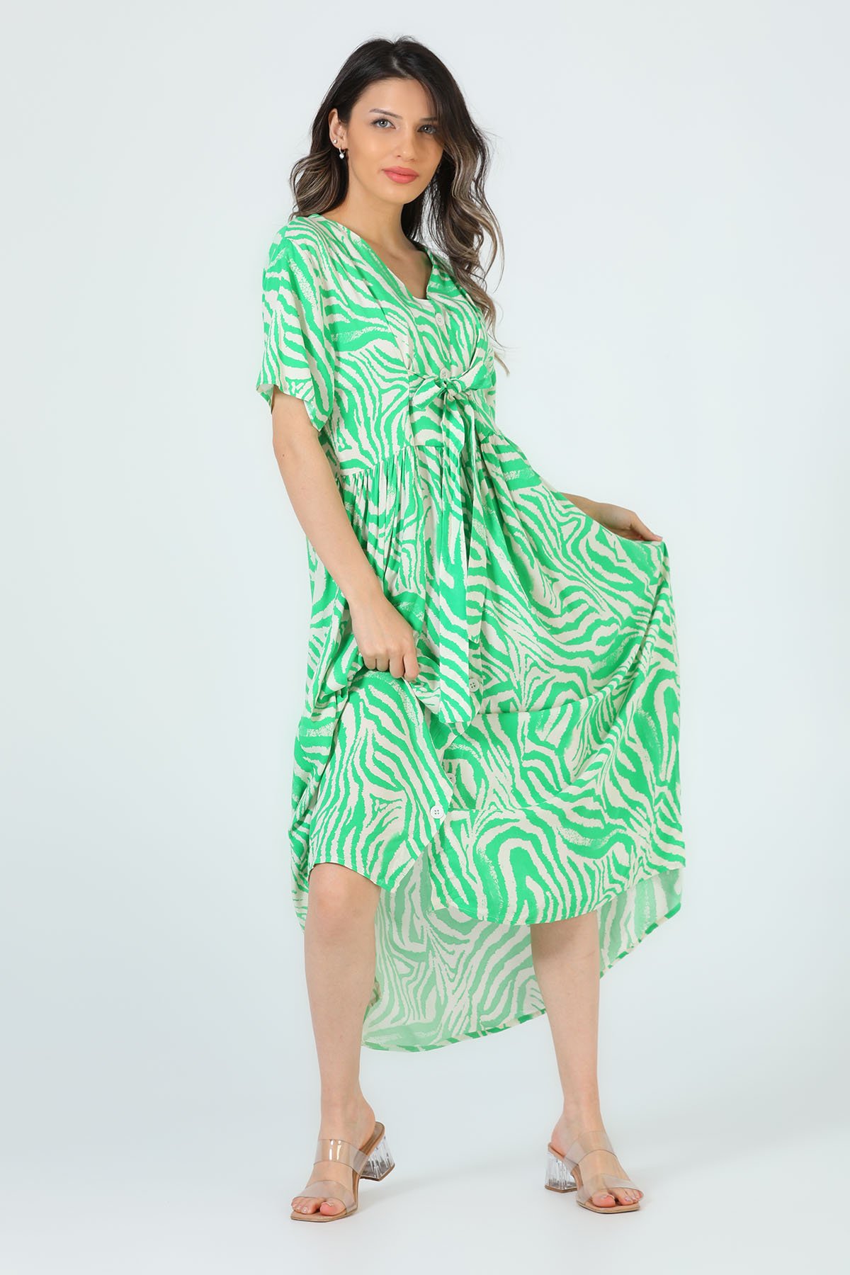 Kadın Desenli Kısa Kollu Elbise Yeşil 501867 - tozlu.com
