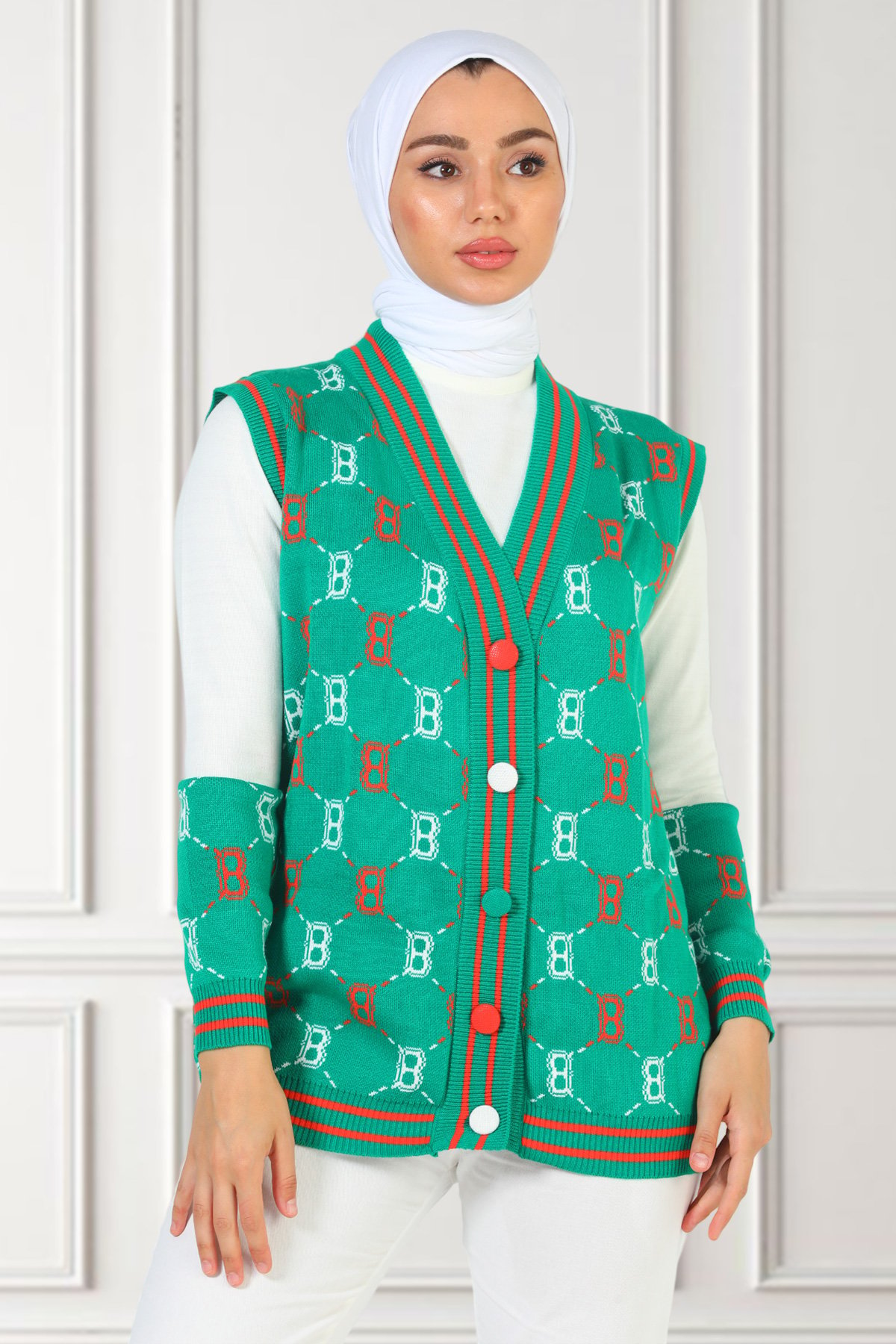 Kadın Desenli Triko Bluz Yelek İkili Takım Yeşil 491733 - tozlu.com