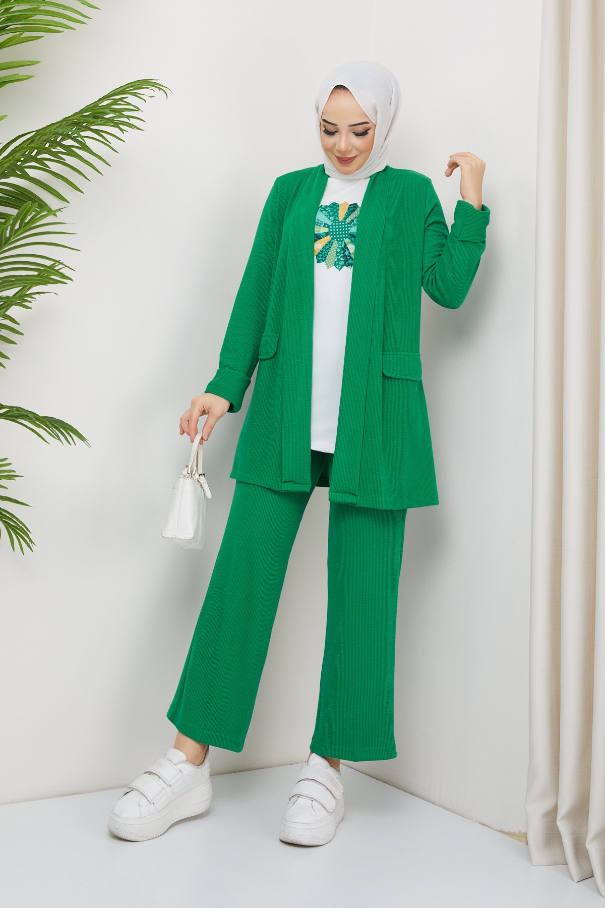 Kadın Desenli Tunik Pantolon Bluz Tesettür Üçlü Takım Yeşil 511720 - tozlu .com