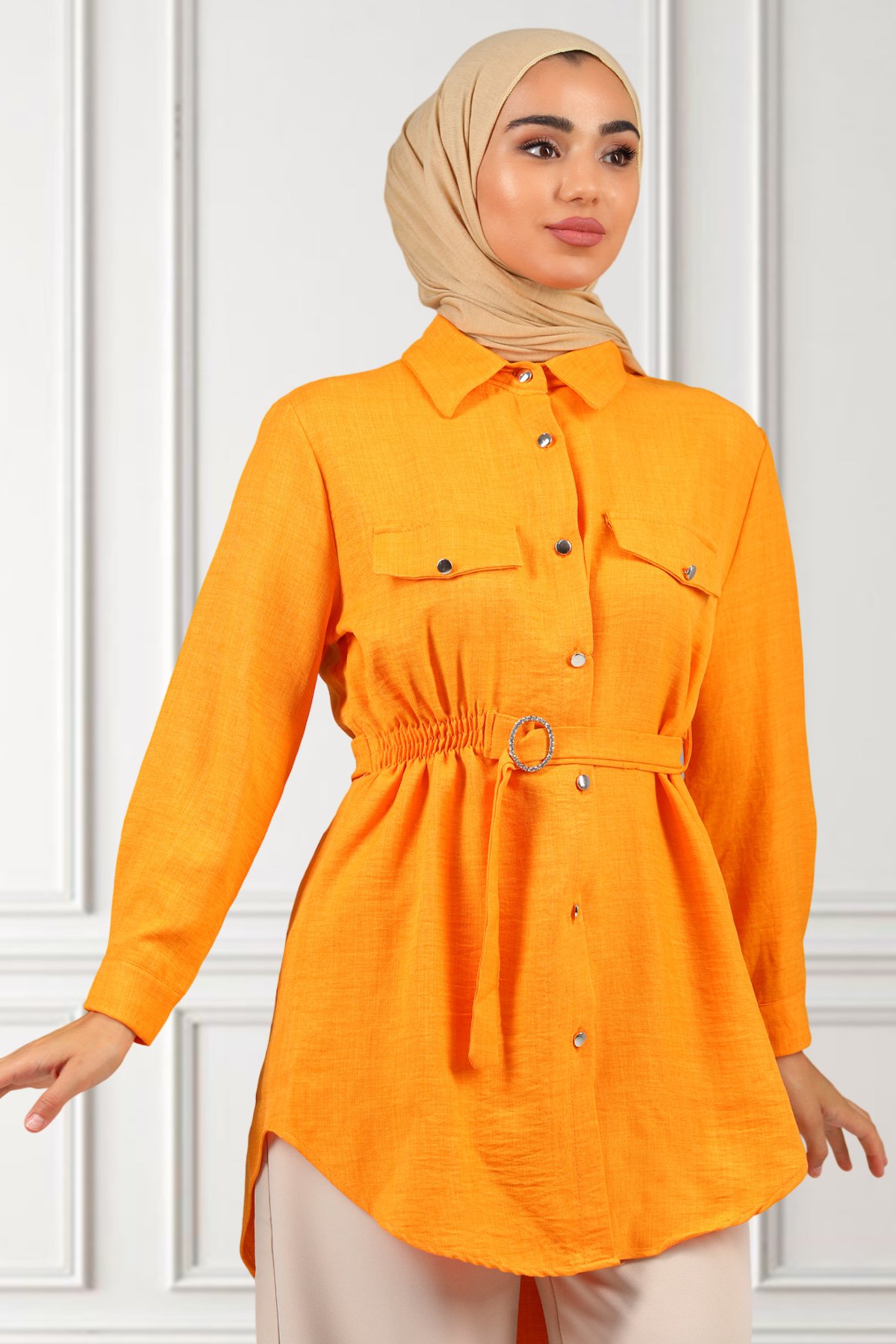 Kadın Gömlek Yaka Bel Lastikli Kuşak Detaylı Tunik Orange 499340 - tozlu.com