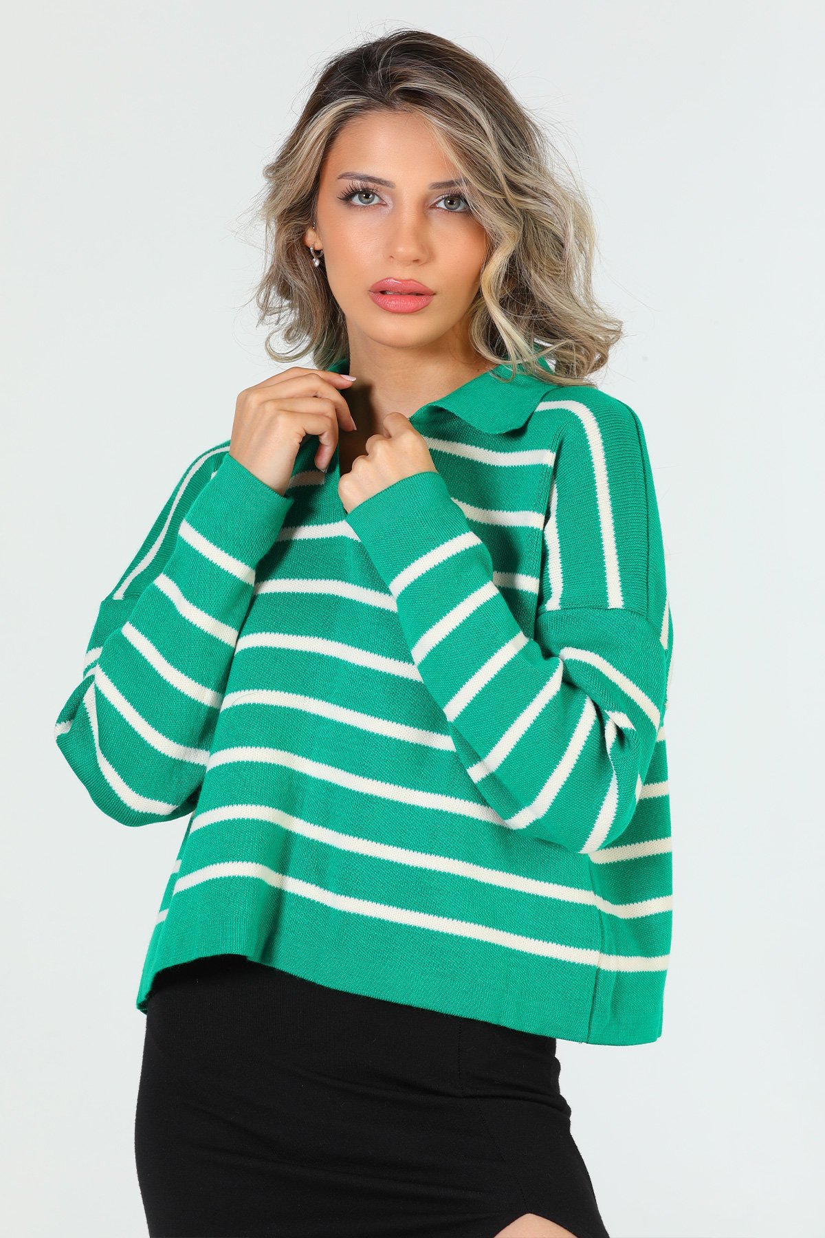 Kadın Gömlek Yaka Çizgili Triko Bluz Yeşil 504504 - tozlu.com