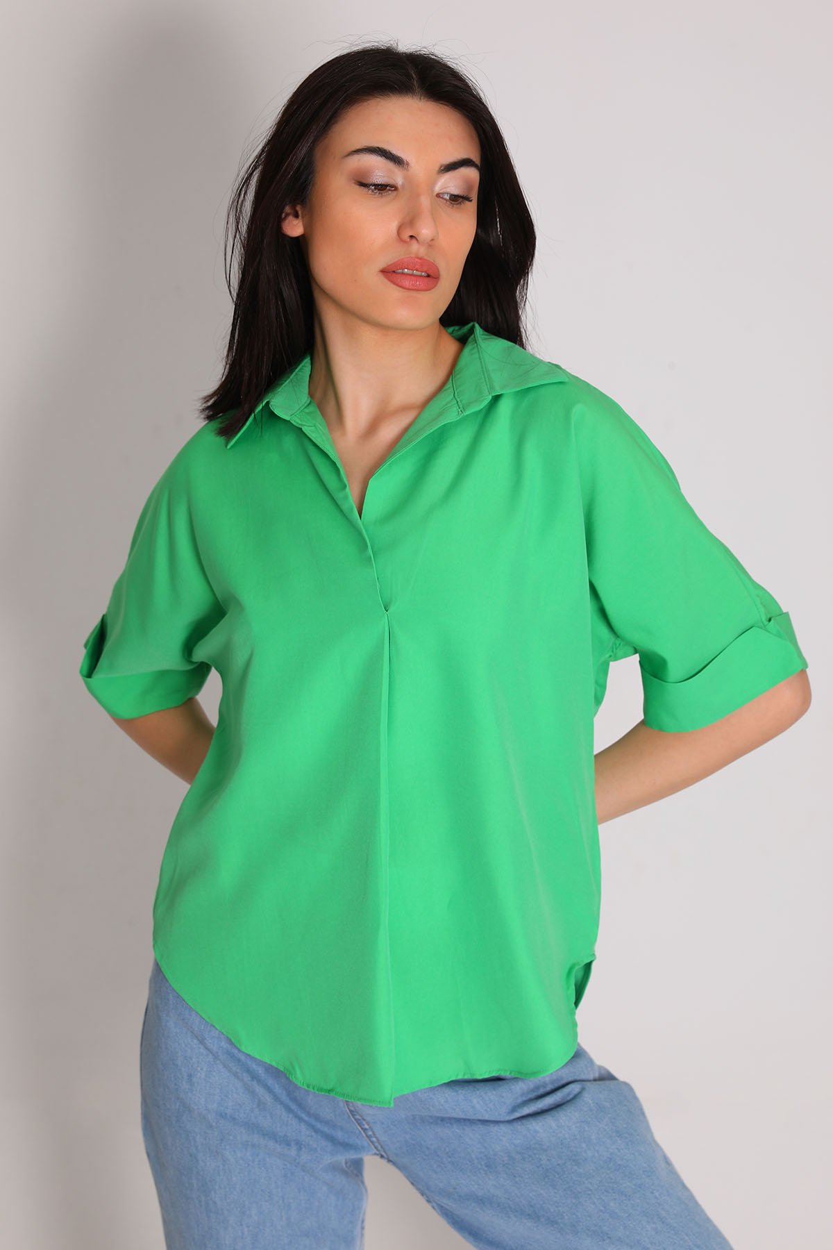 Kadın Gömlek Yaka Kısa Kollu Bluz Yeşil 496473 - tozlu.com