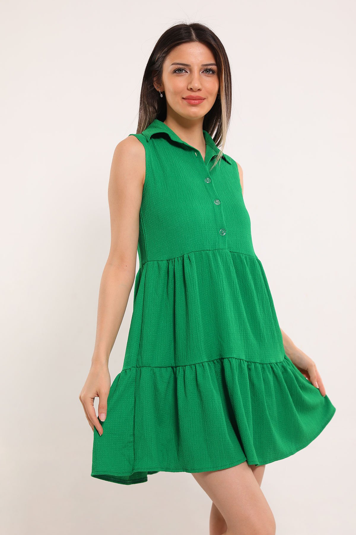 Kadın Gömlek Yaka Ön Düğme Detaylı Elbise Yeşil 497029 - tozlu.com