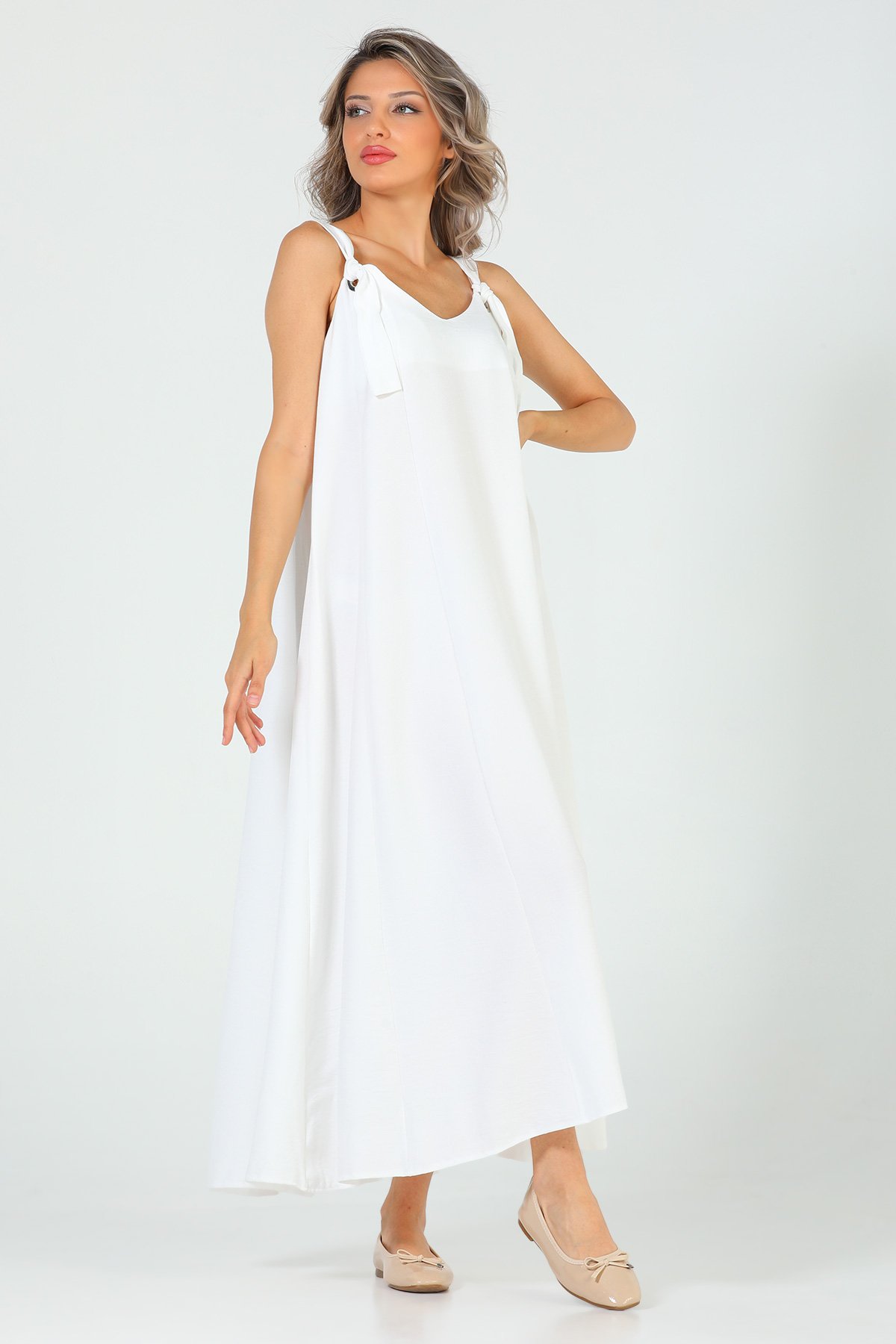 Beyaz Kadın Kalın Askılı Salaş Elbise