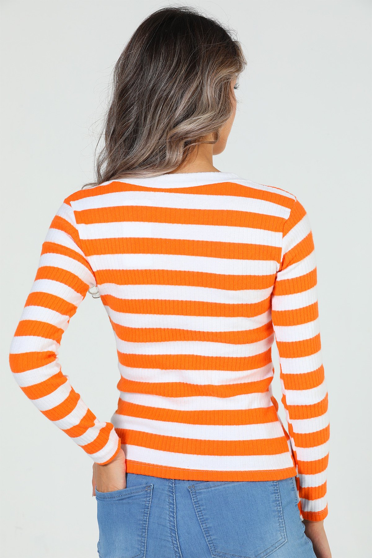 Orange Kadın Kare Yaka Çizgili Body Bluz