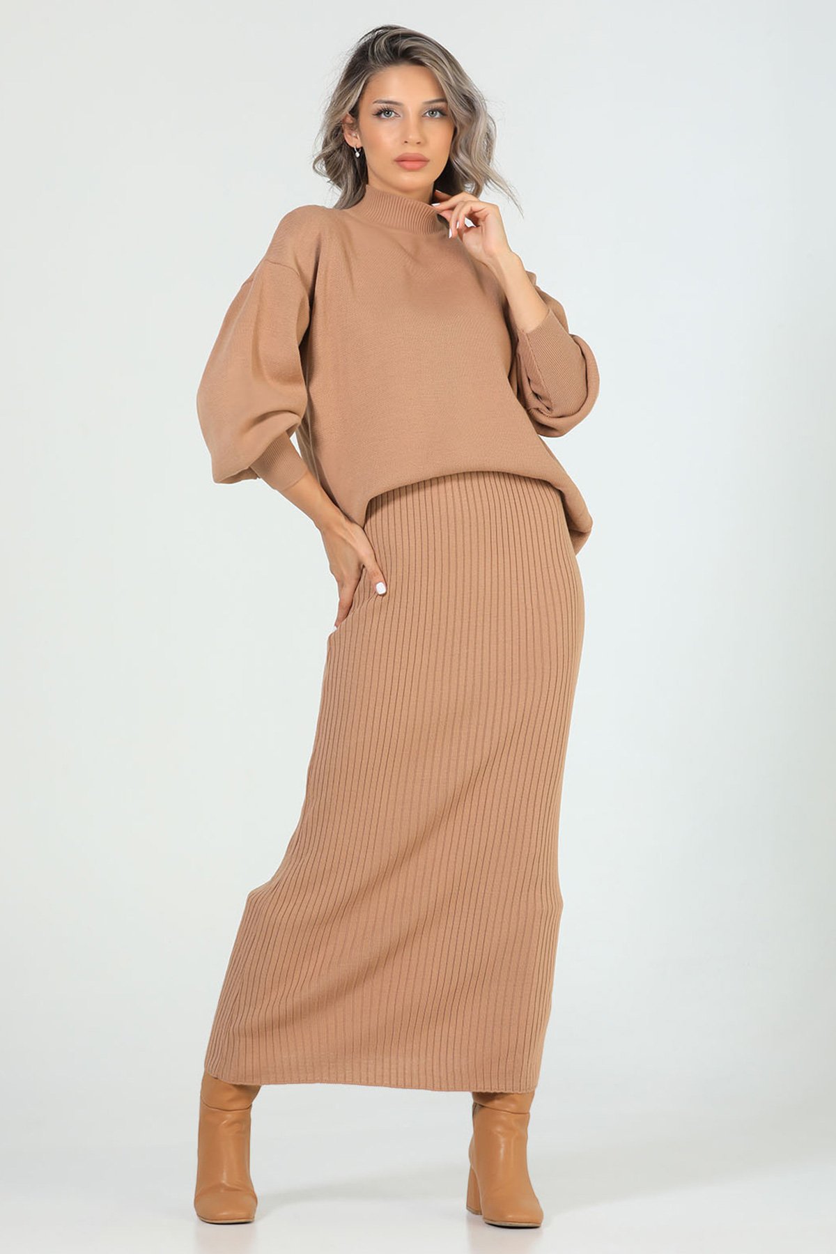 Kadın Kazak Elbise Triko İkili Takım Bisküvi 504790 - tozlu.com
