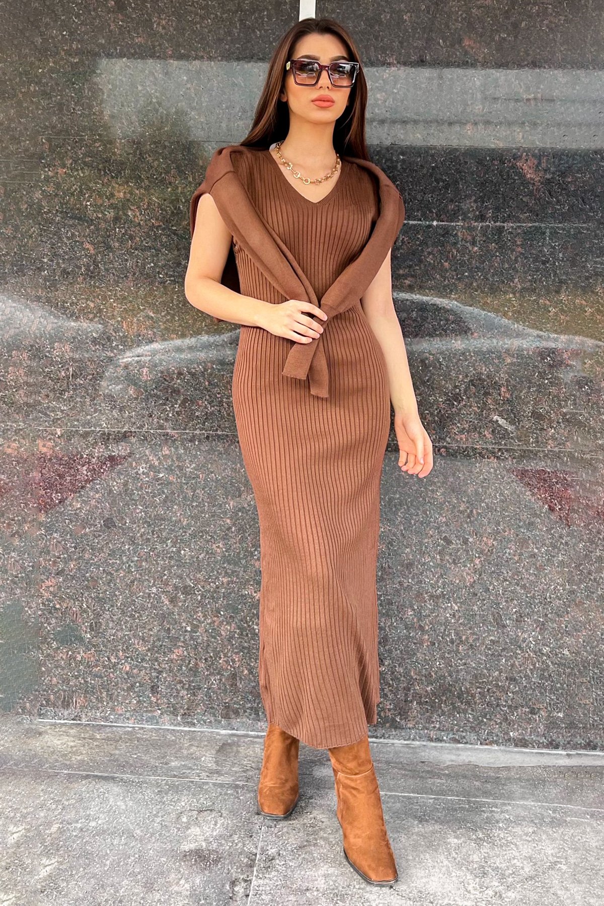 Kadın Kazak Elbise Triko İkili Takım Kahve 504786 - tozlu.com