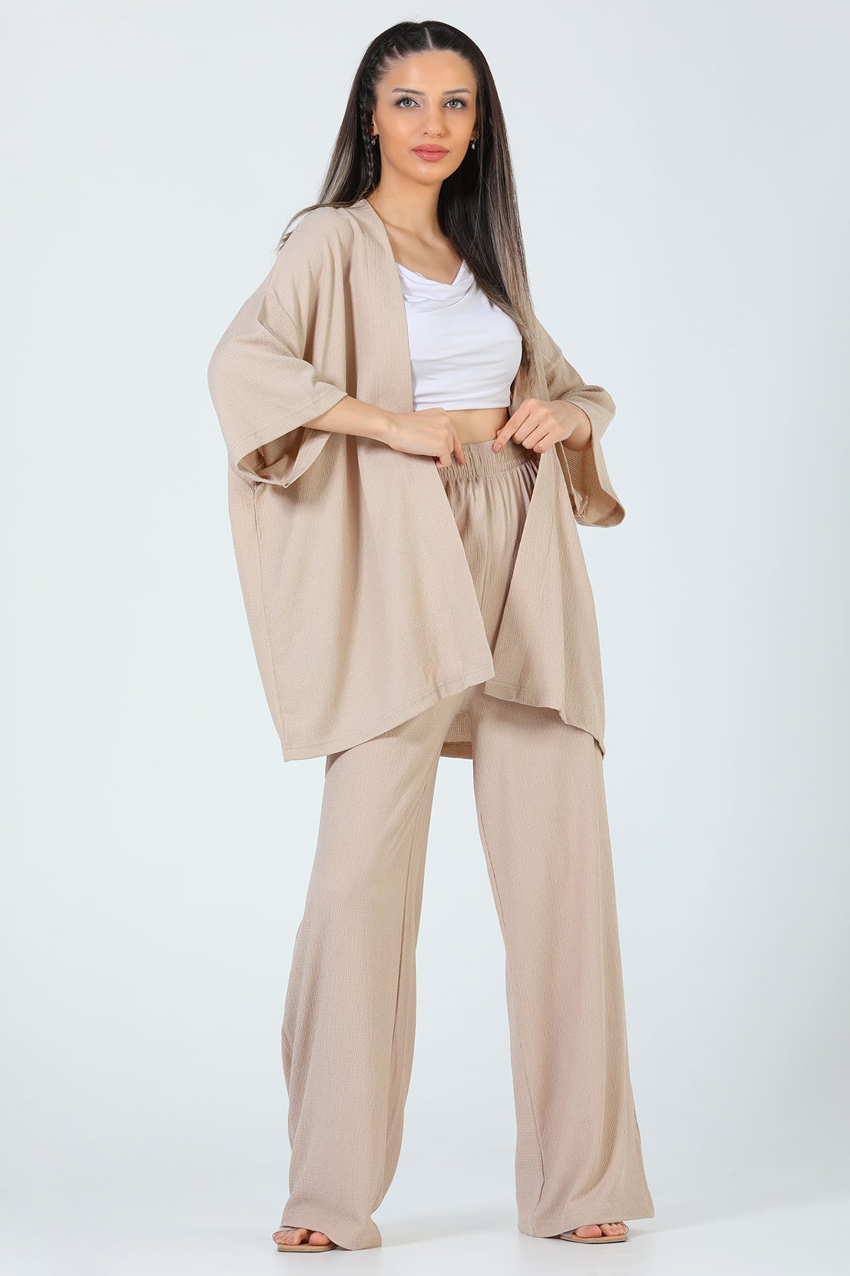 Kadın Kimono Pantolon İkili Takım Bej 501574 - tozlu.com