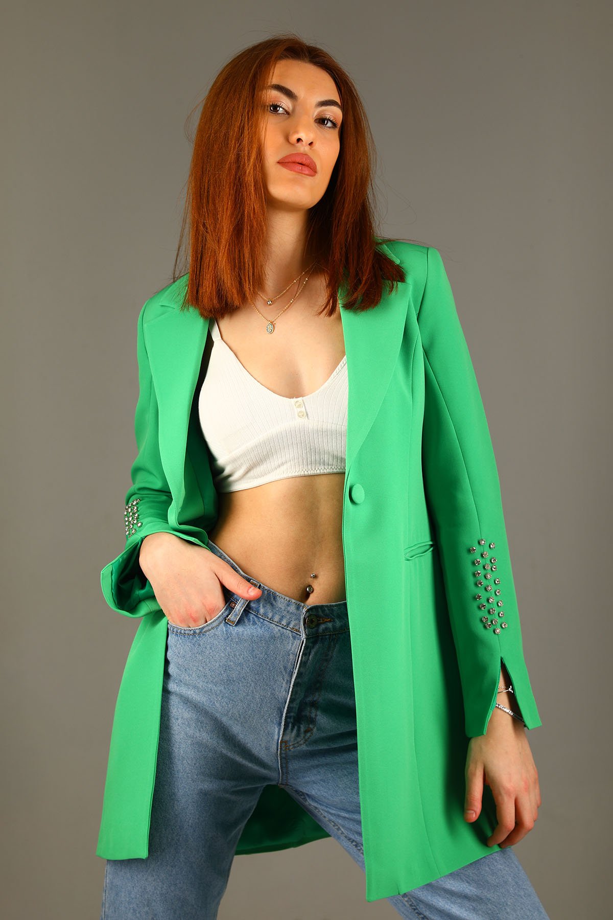 Kadın Kol Taş Detaylı Sahte Cepli Uzun Blazer Ceket Yeşil 498929 - tozlu.com