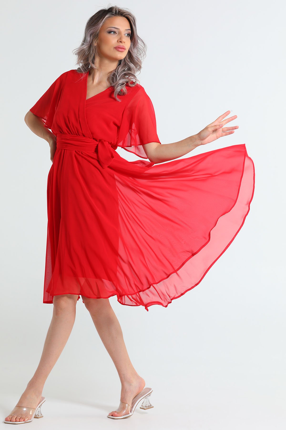 Kadın Kruvaze Yaka Bel Kuşak Detaylı Şifon Elbise Kırmızı 503026 - tozlu.com