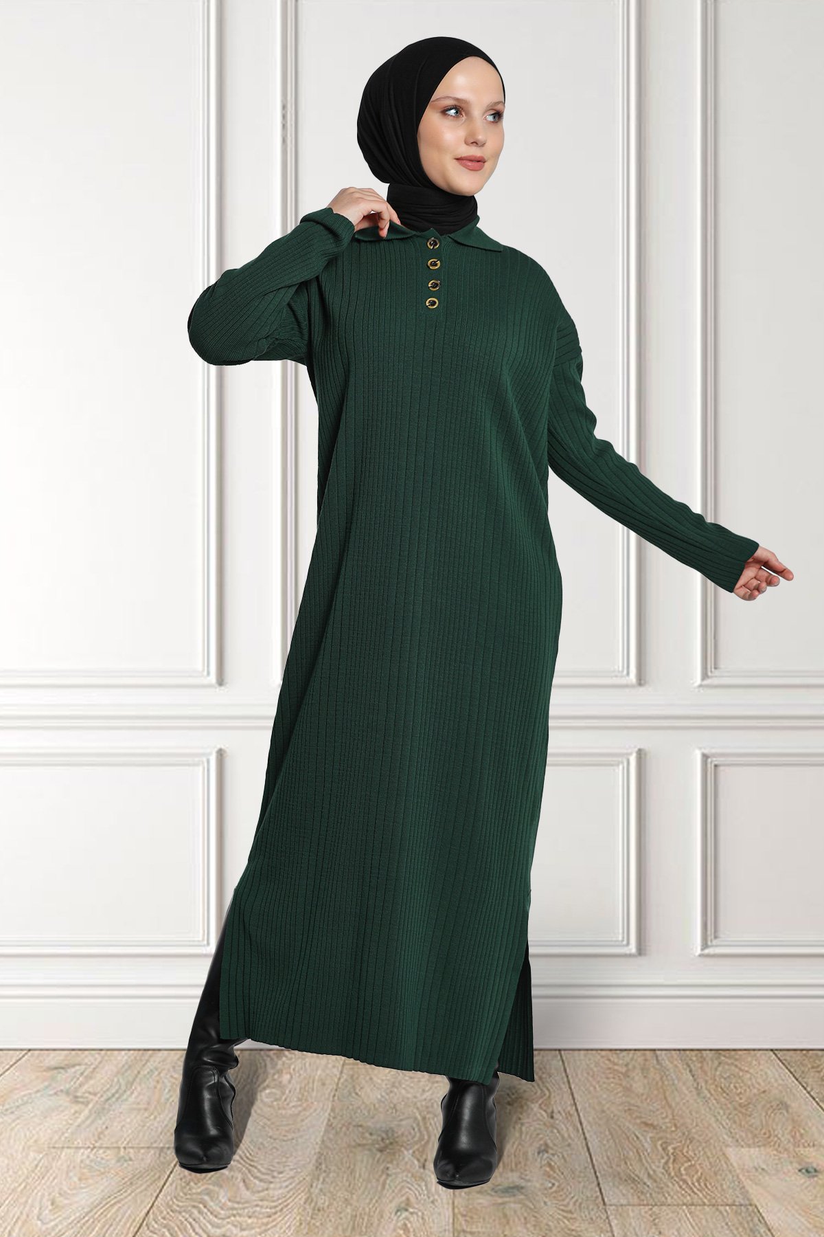 Kadın Ön Düğme Detaylı Tesettür Triko Elbise Yeşil 513710 - tozlu.com