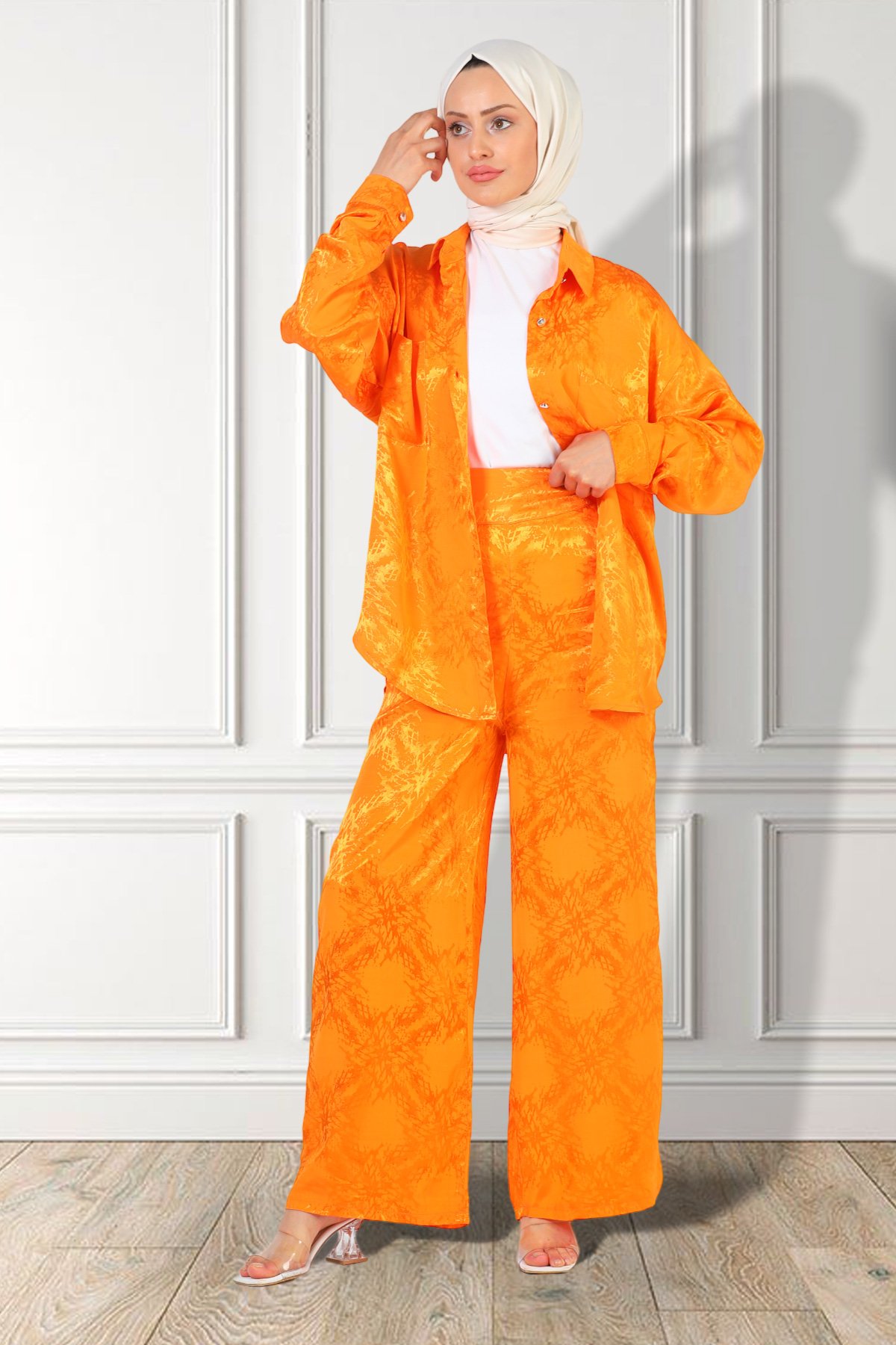 Kadın Ön Düğmeli Gömlek Pantolon İkili Takım Orange 499395 - tozlu.com
