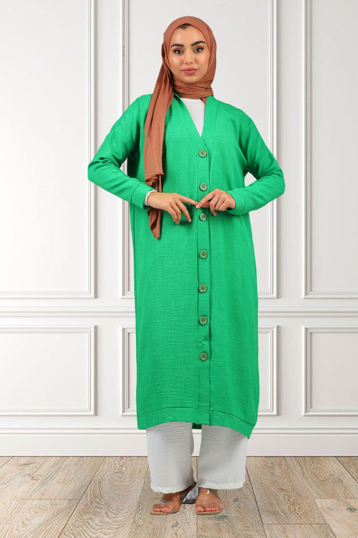 Yeşil Kadın Ön Düğmeli Uzun Hırka