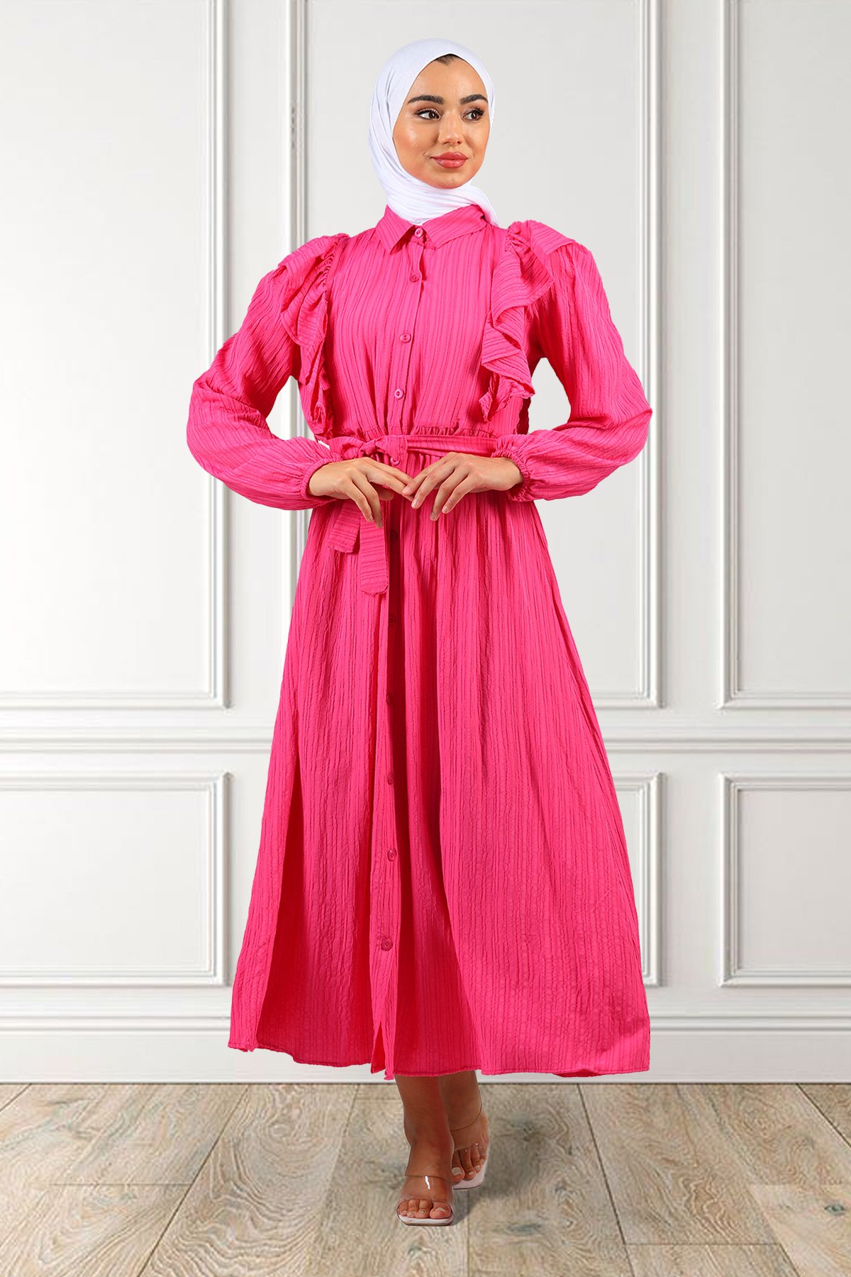 Kadın Ön Fırfırlı Bel Kuşaklı Kendinden Desenli Elbise Pembe 504071 -  tozlu.com