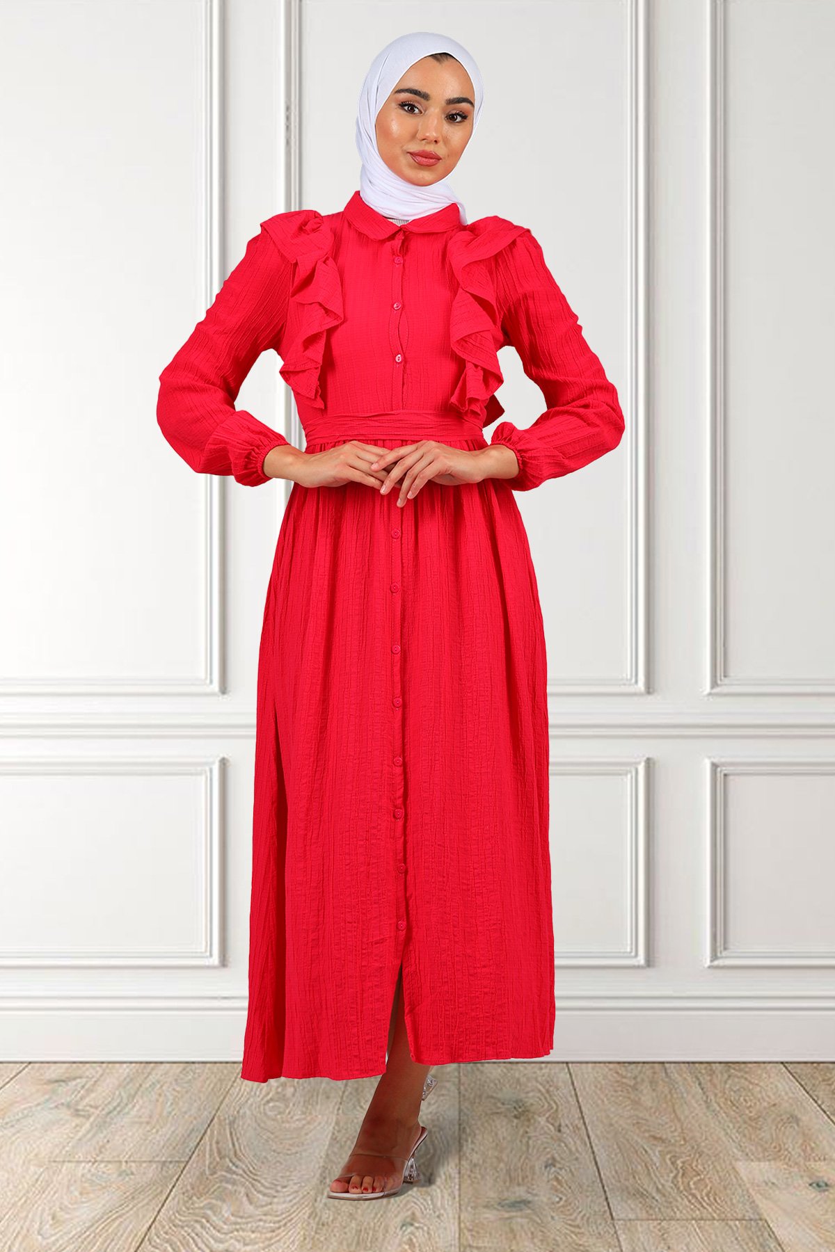 Kadın Ön Fırfırlı Bel Kuşaklı Kendinden Desenli Elbise Fuşya 504072 - tozlu .com