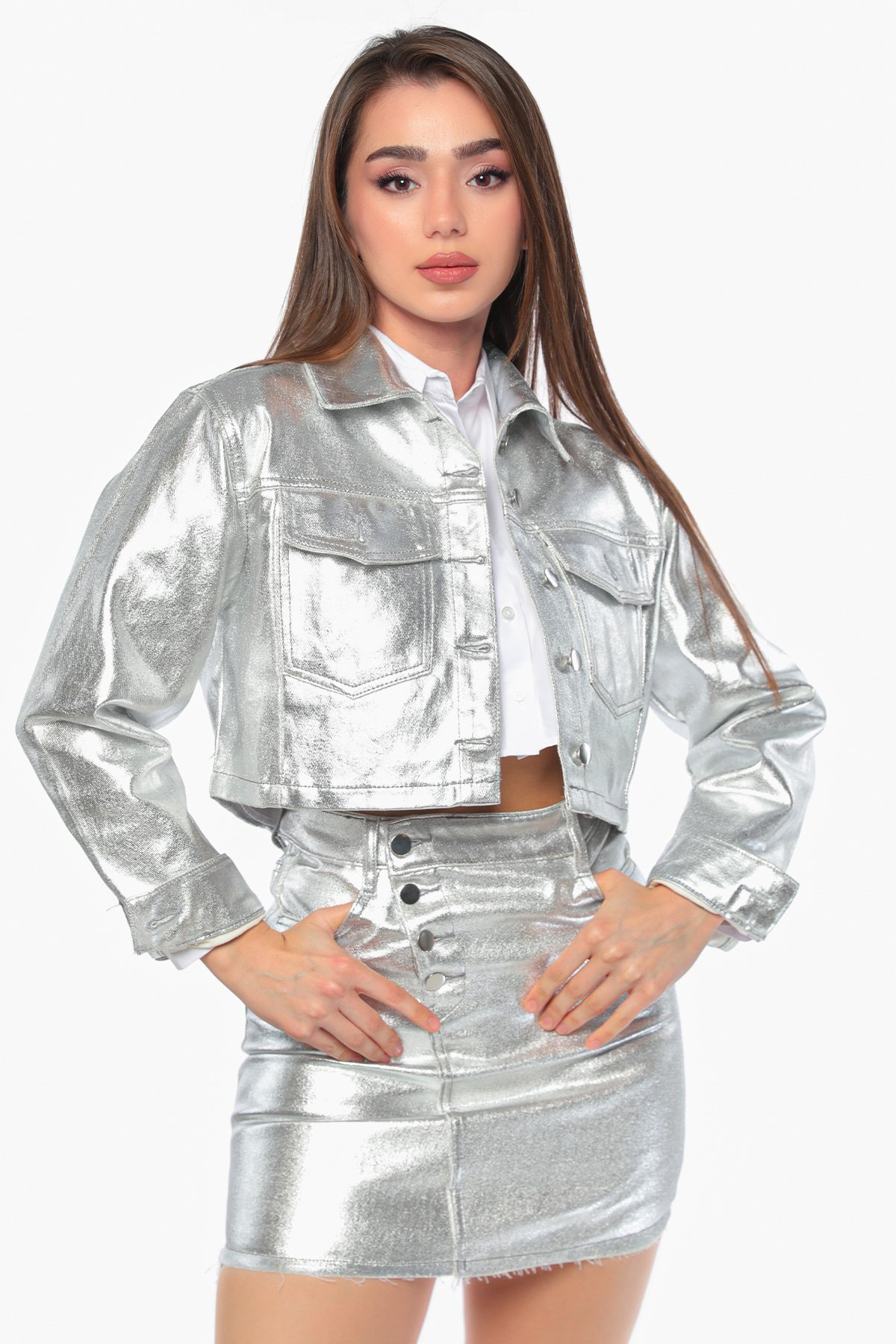 Gümüş Kadın Parlak Crop Top Ceket Etek İkili Takım