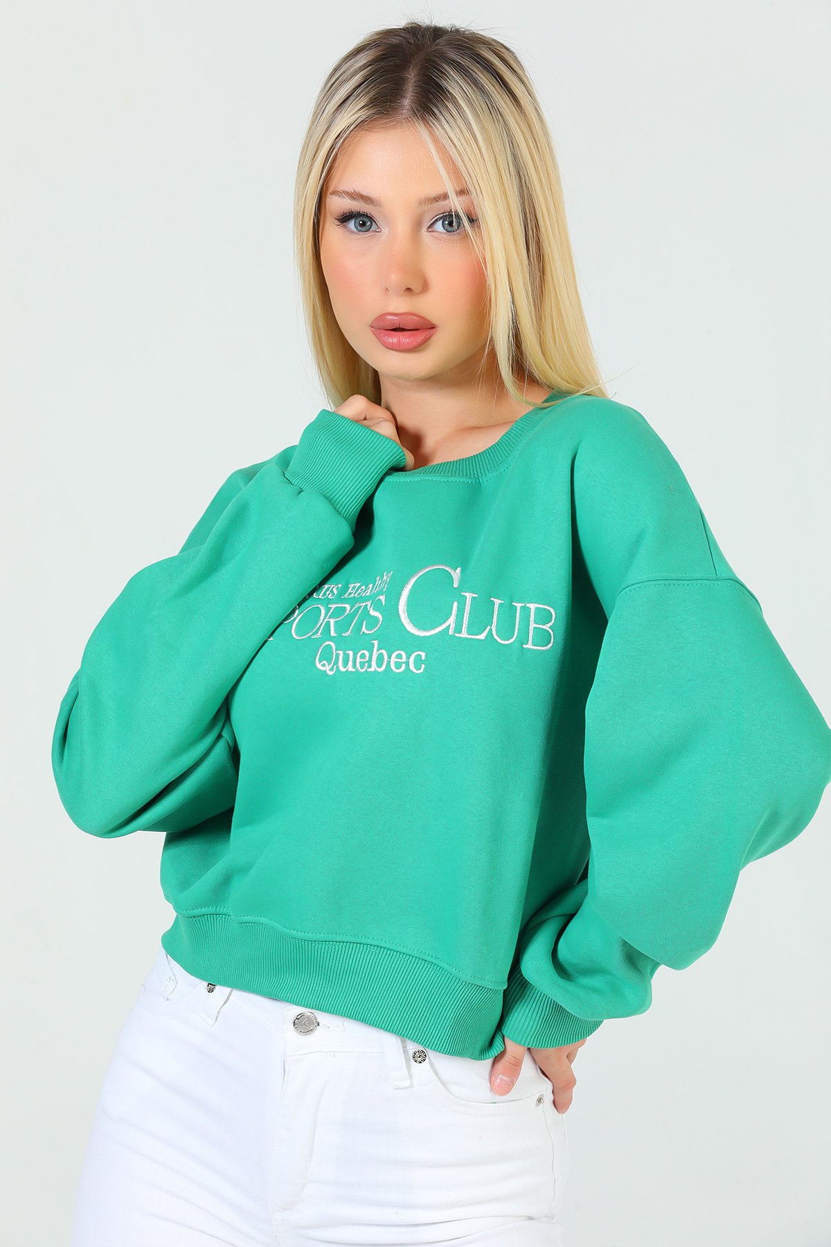 Yeşil Kadın Şardonlu Ön Nakışlı Crop Sweatshirt