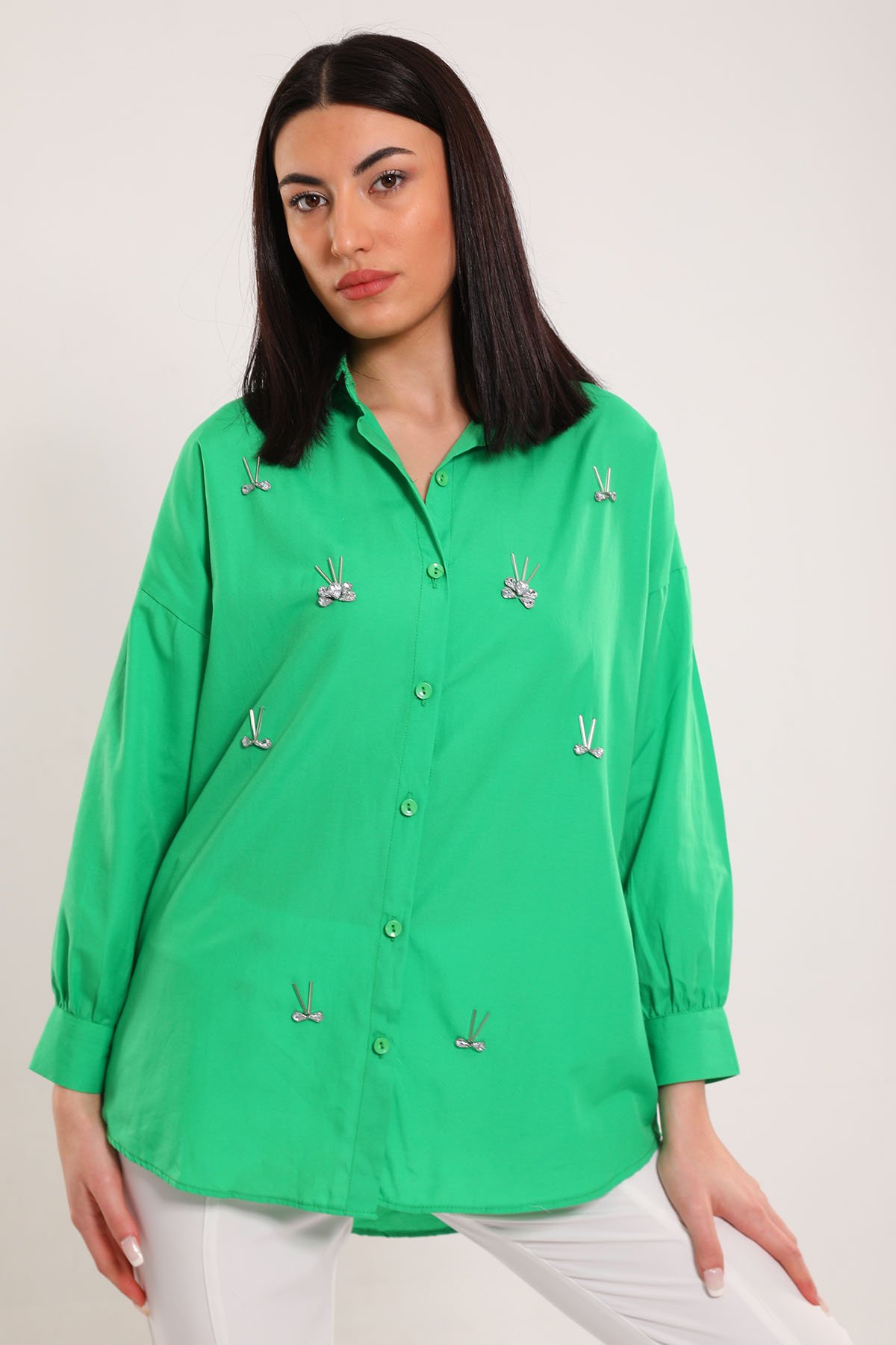 Kadın Taş İşlemeli Gömlek Yeşil 495437 - tozlu.com