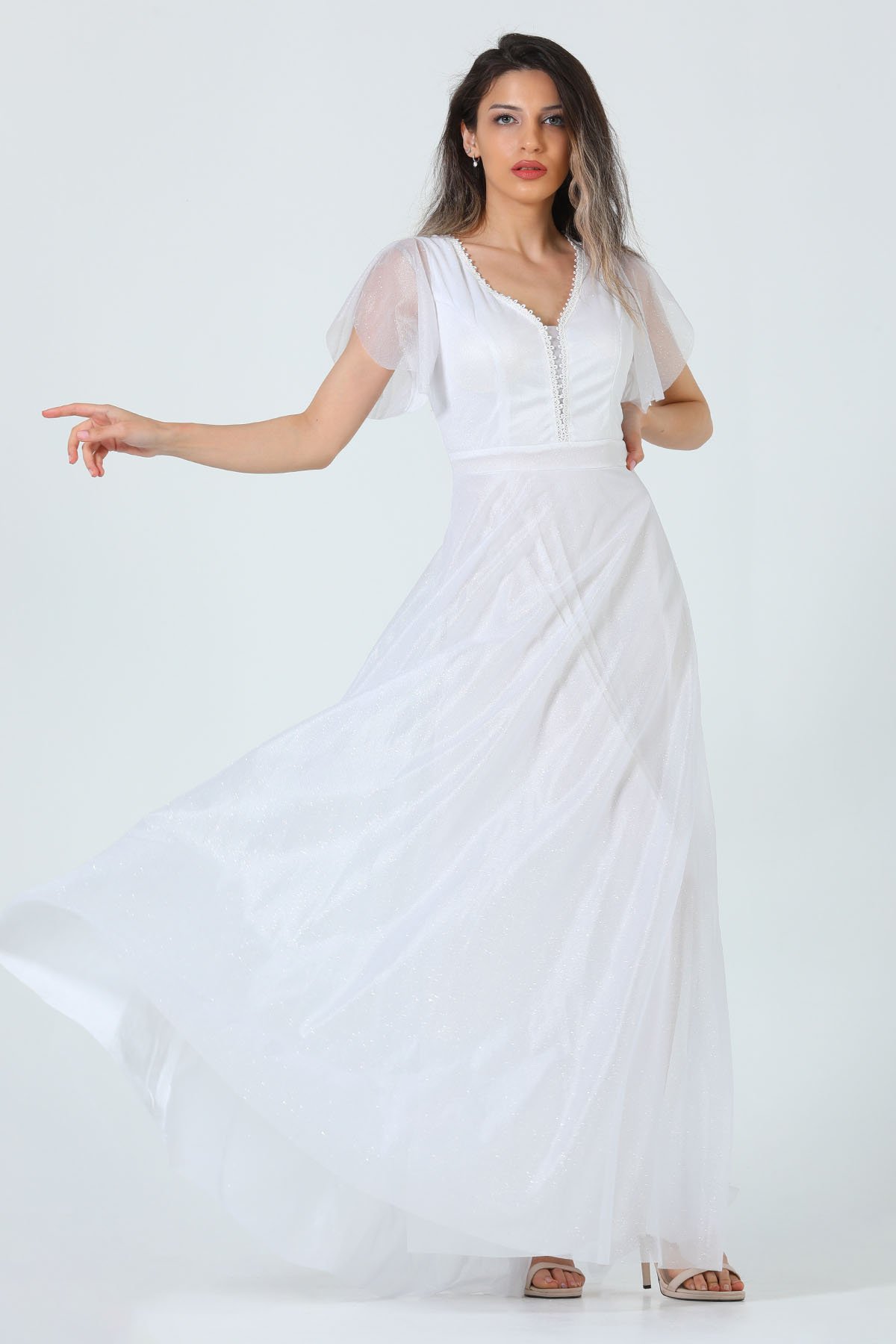 Kadın V Yaka Simli Abiye Elbise Beyaz 501705 - tozlu.com