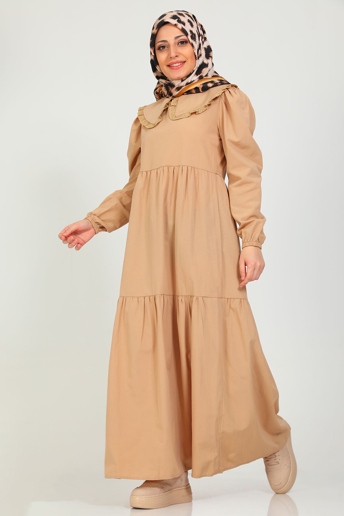 Camel Kadın Yaka Detaylı Katkat Uzun Elbise 486317 - tozlu.com