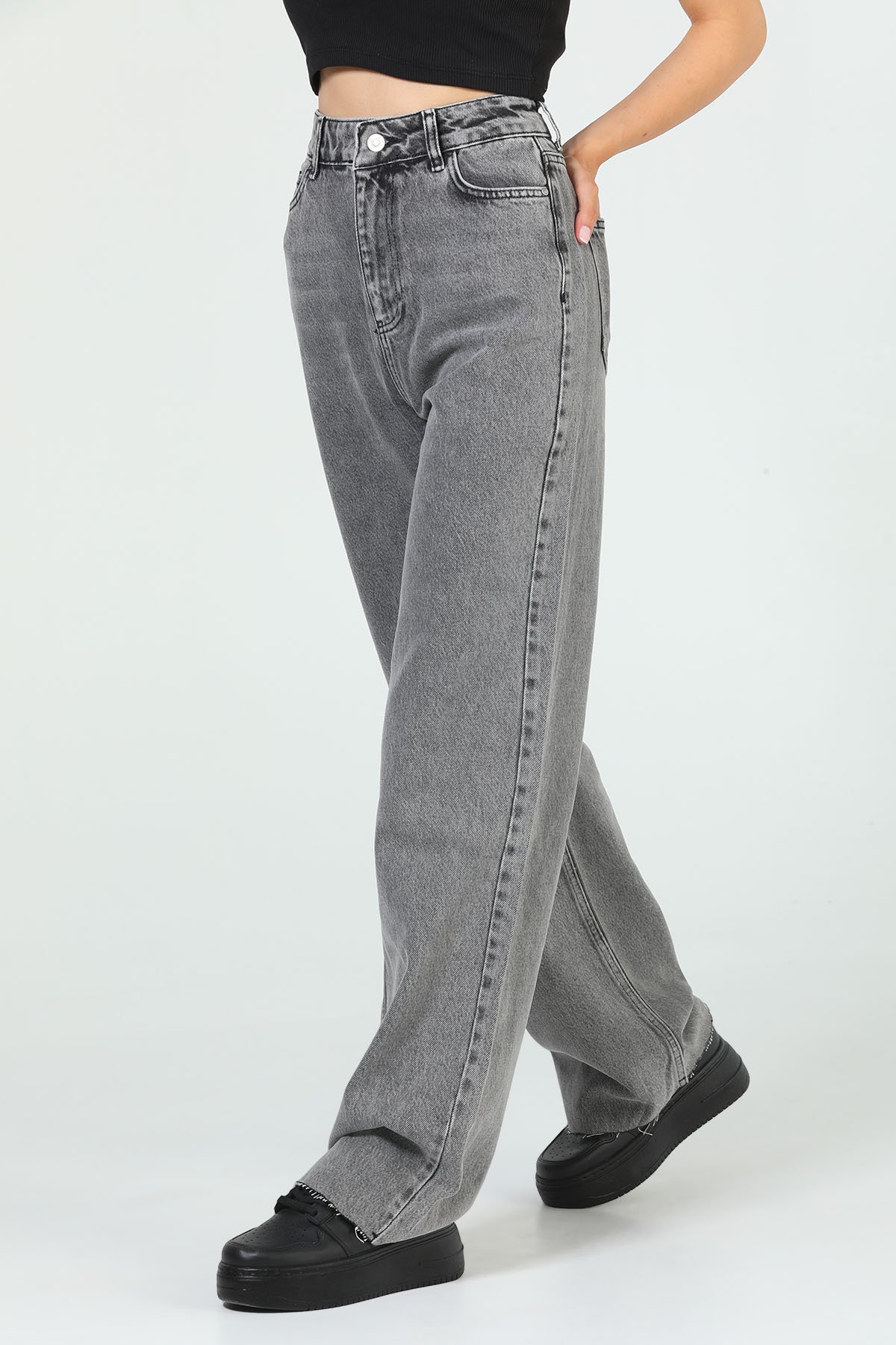 Kadın Yüksek Bel Bol Paça Jeans Pantolon Gri 503211 - tozlu.com