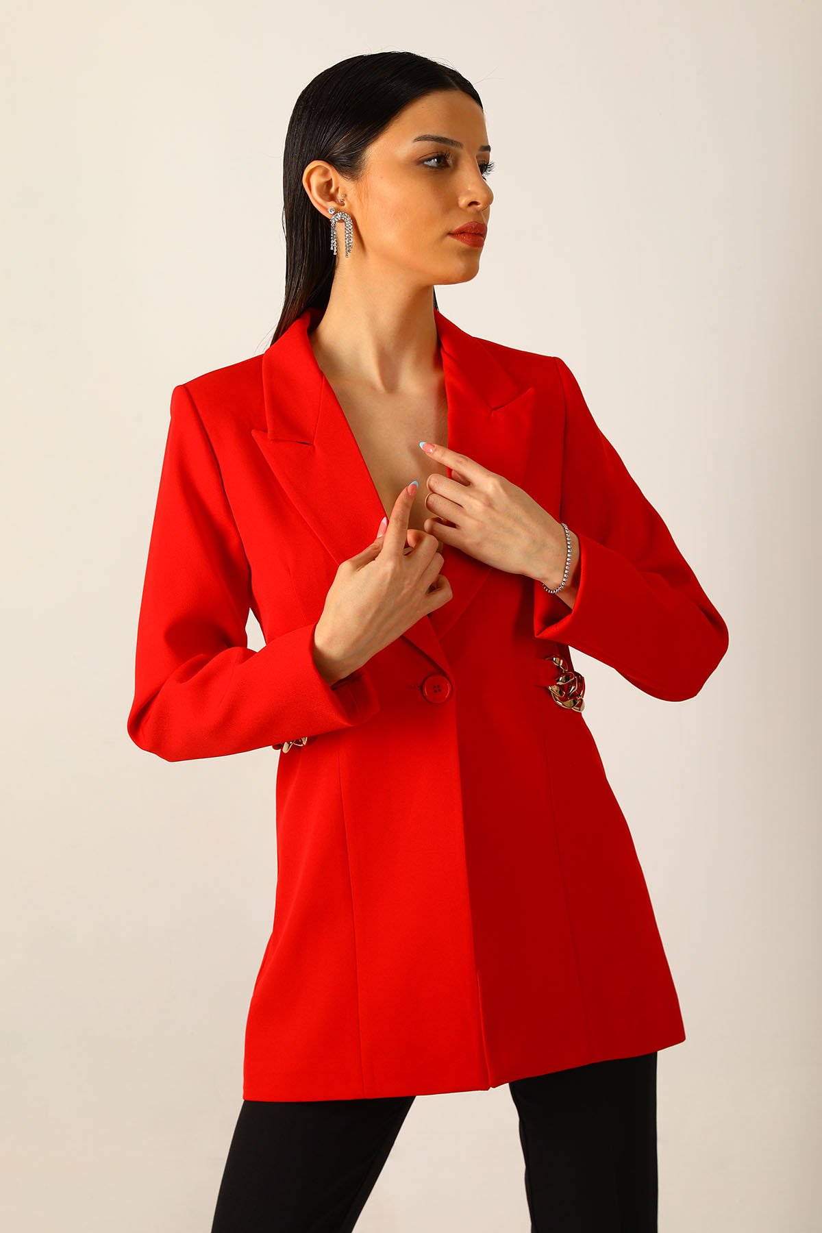 Kadın Zincir Detaylı Astarlı Uzun Blazer Ceket Kırmızı 499091 - tozlu.com