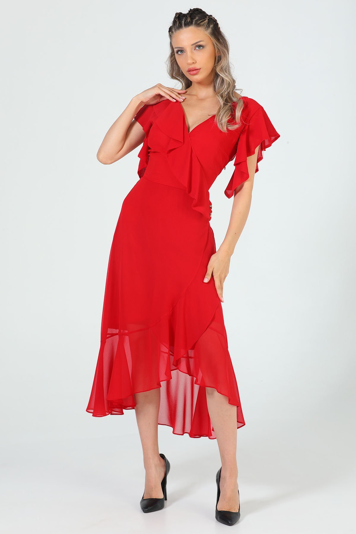 Kadın Zincir Detaylı Şifon Elbise Kırmızı 503023 - tozlu.com