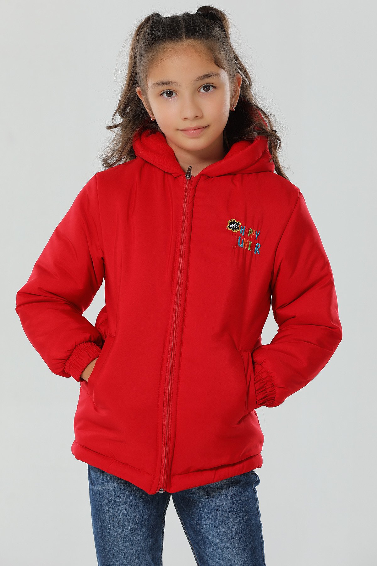 Kırmızı Kapüşonlu Cepli İçi Polar Kız Çocuk Mont 418310- tozlu.com