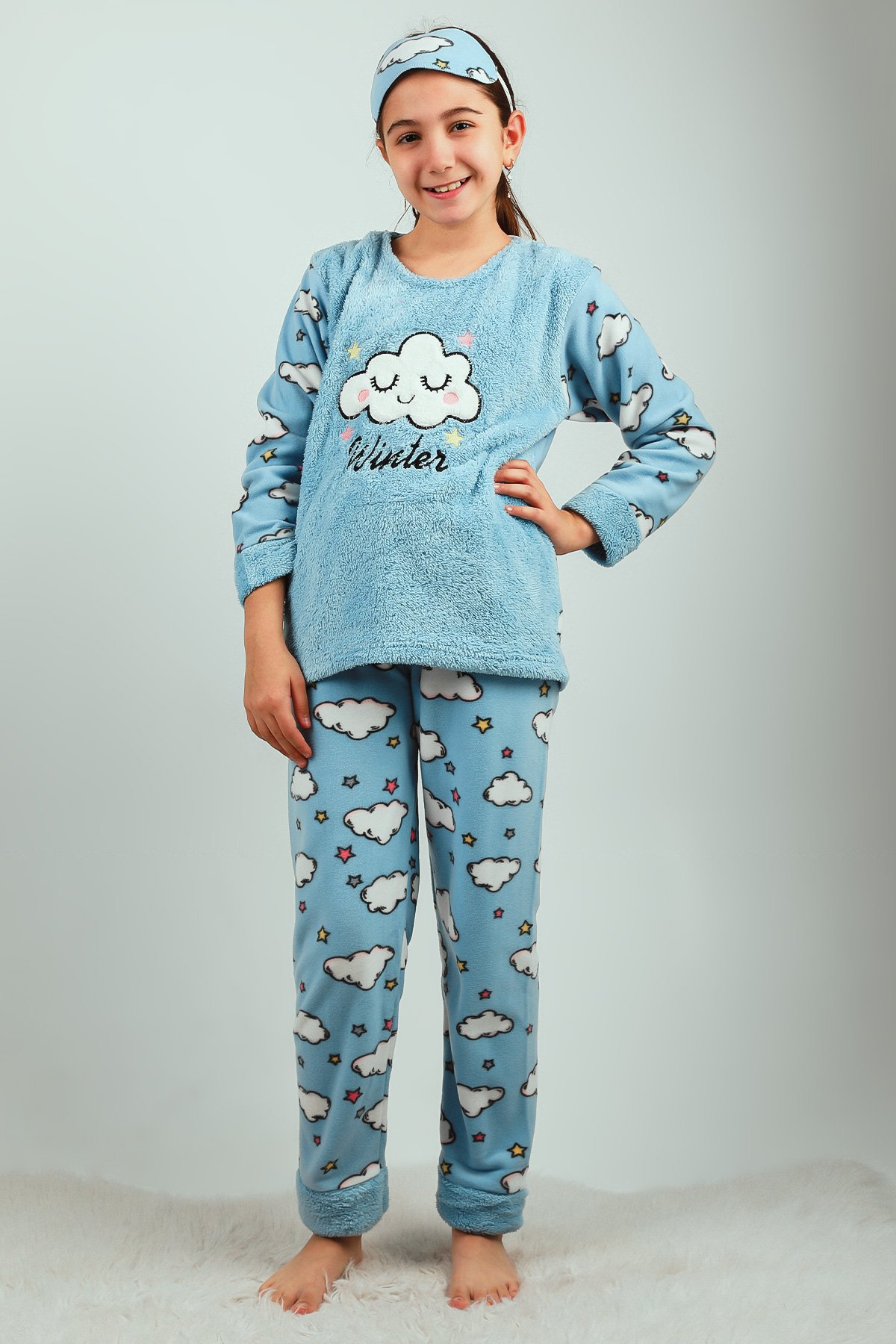 Kız Çocuk Nakışlı Polar Pijama Takımı Mavi 510626 - tozlu.com