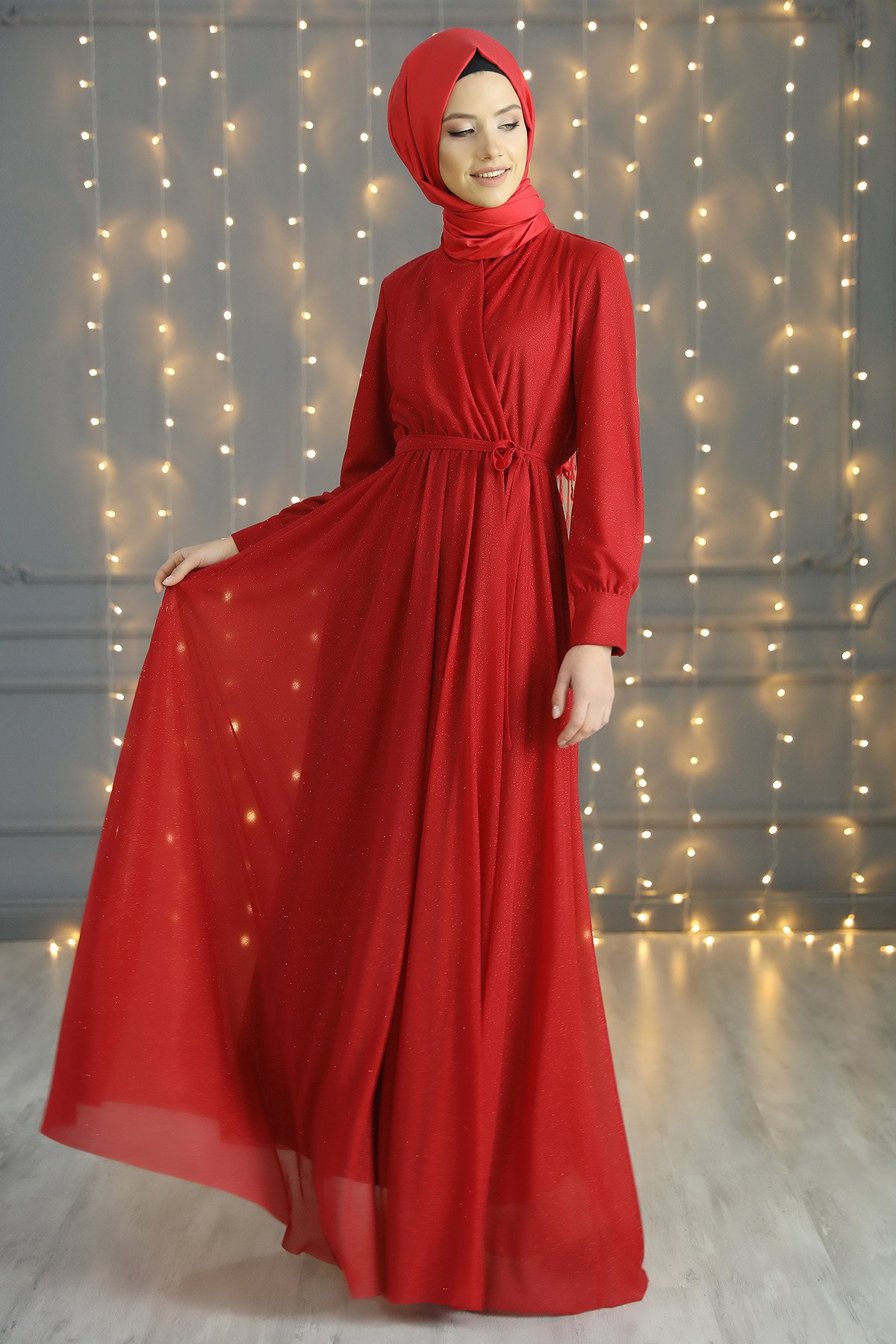 Kırmızı Kruvaze Yaka Simli Abiye Elbise 290790- tozlu.com