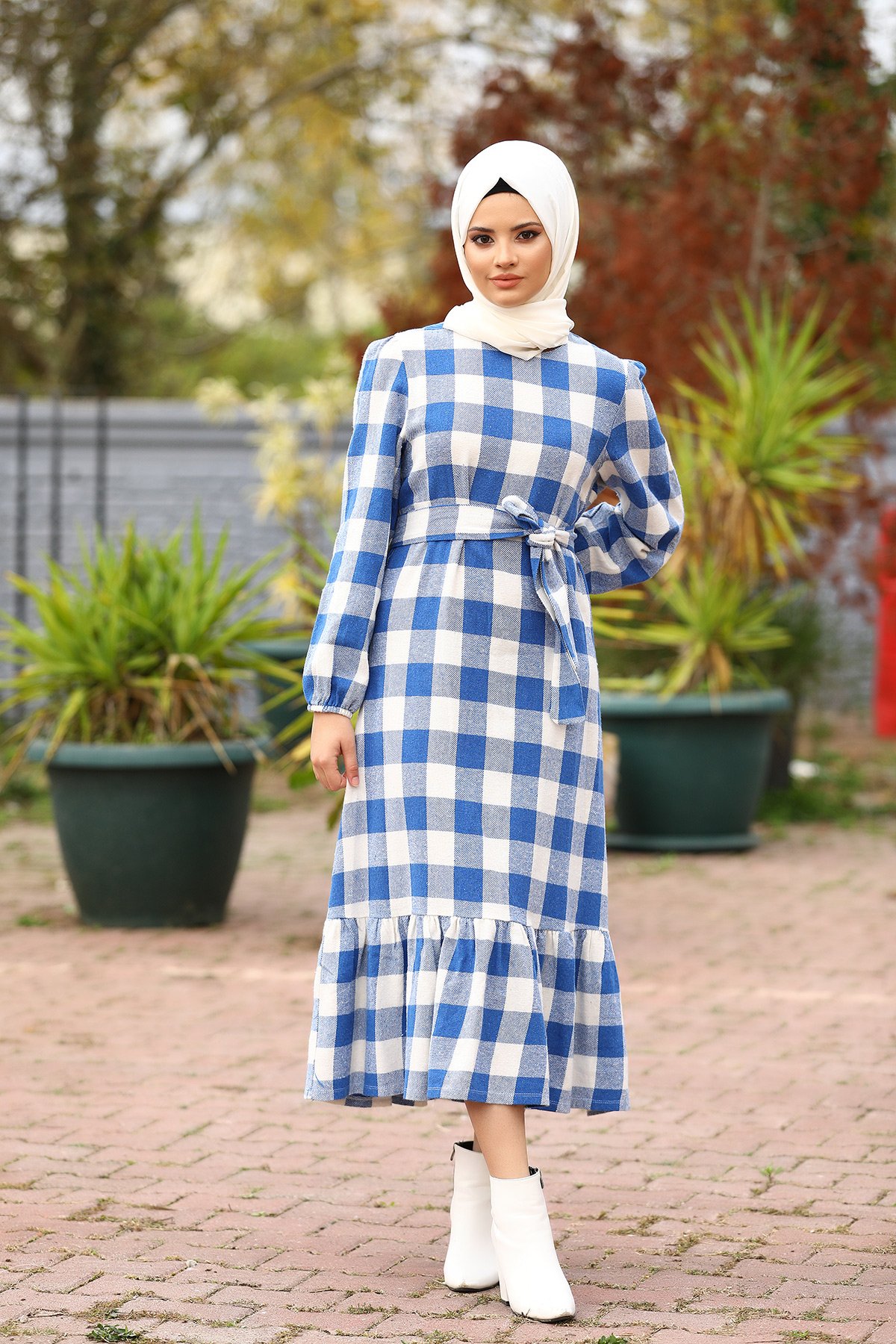 Mavi Kuşaklı Kadın Ekose Elbise 421986- tozlu.com