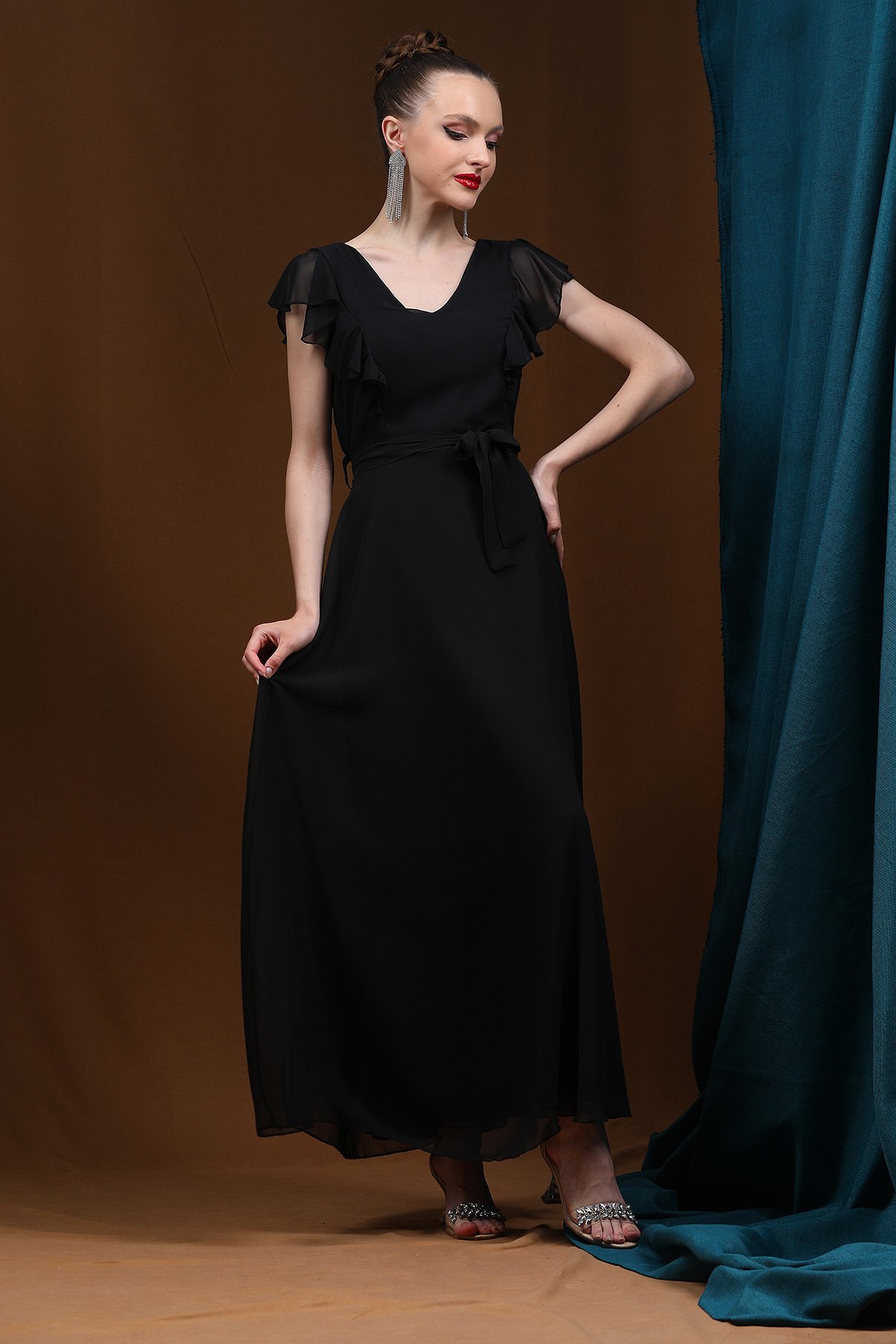 Siyah Kadın Ön Arka V Yaka İç Astarlı Uzun Şifon Elbise 474060- tozlu.com