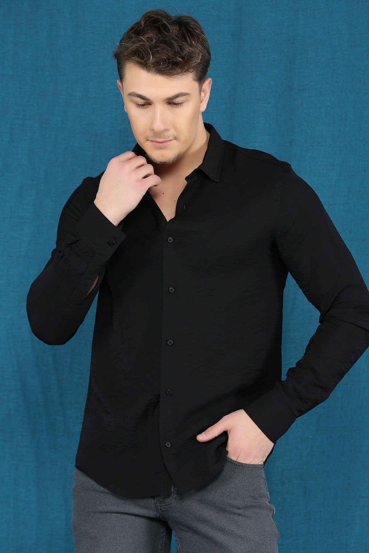 Siyah Uzun Kol Erkek Gömlek 323842- tozlu.com