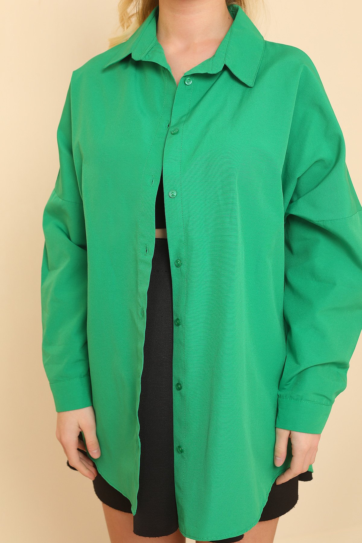 Yeşil Oversize Uzun Basic Kadın Gömlek