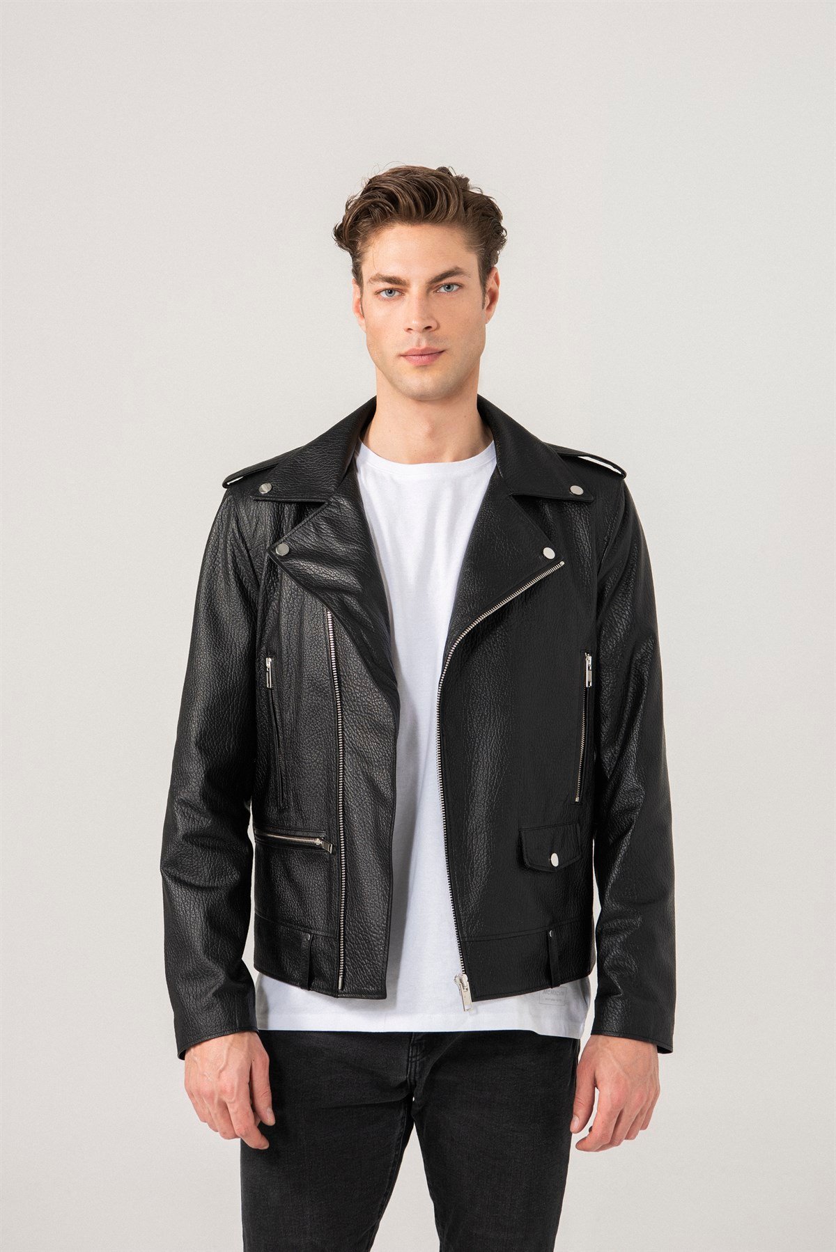 Andrey Men Biker Black Patterned Leather Jacket Black Noble | Luxury  Shearling